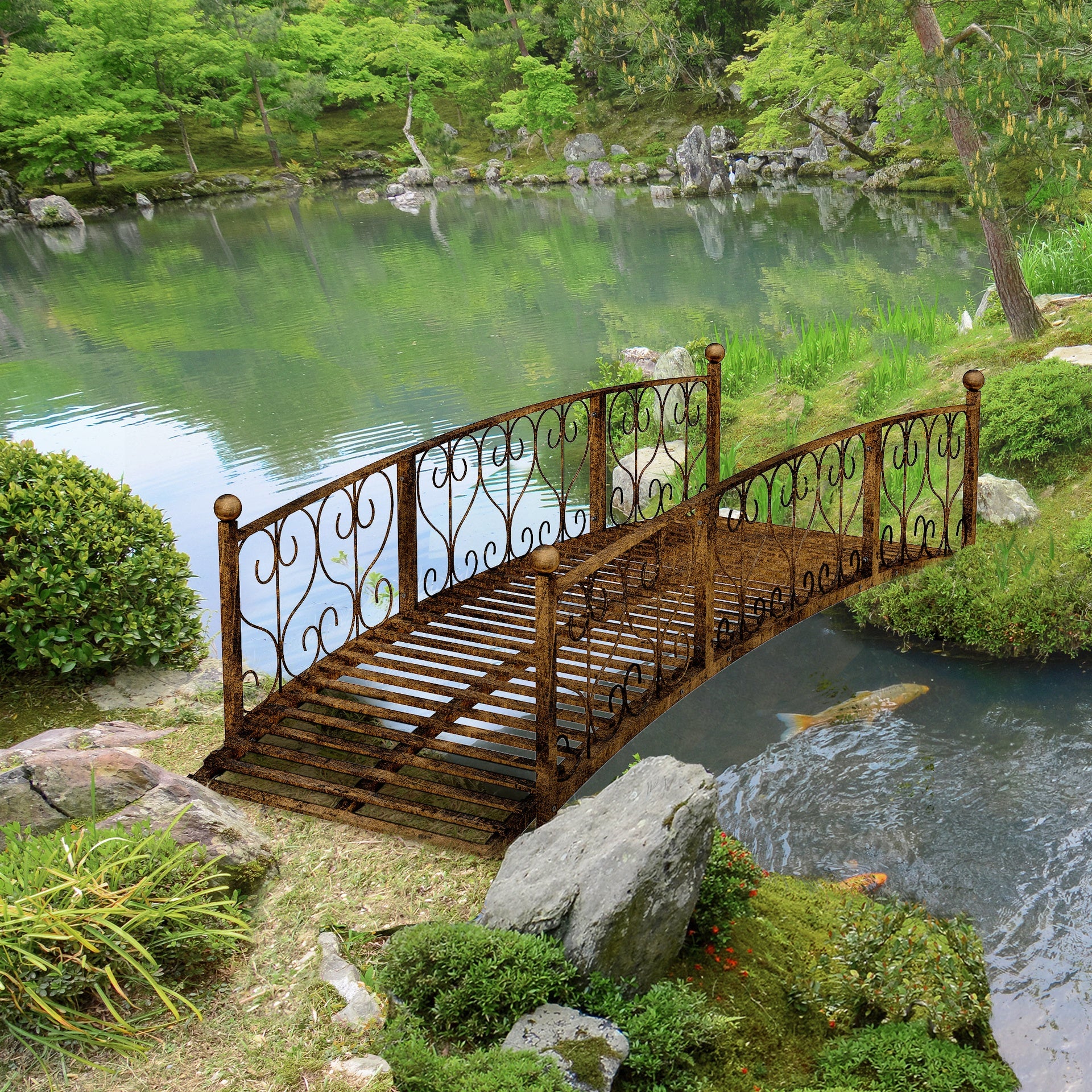 Outsunny 7' Metal Arch Garden Bridge Arc Footbridge with Side Railings Decorative Scrollwork, Bronze