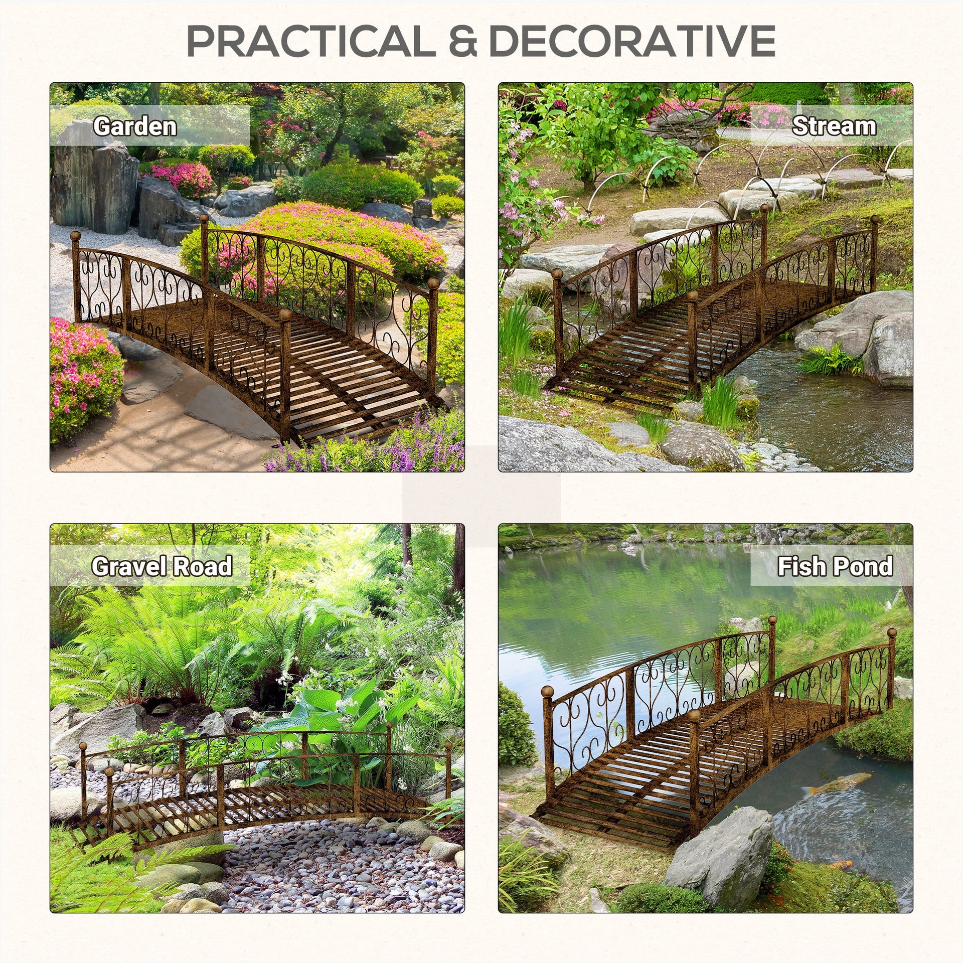 Outsunny 7' Metal Arch Garden Bridge Arc Footbridge with Side Railings Decorative Scrollwork, Bronze
