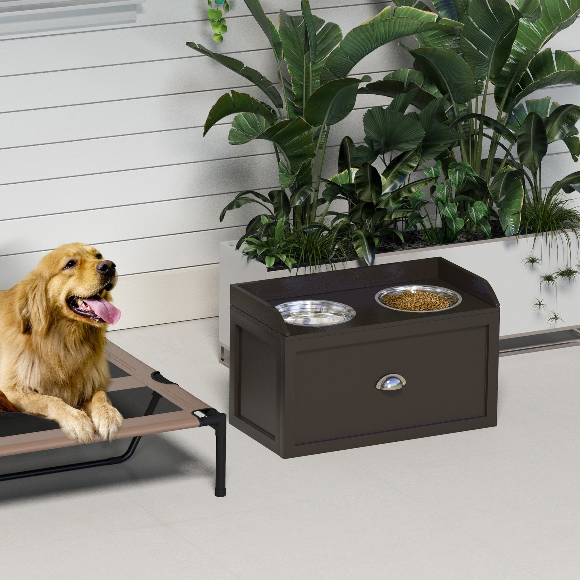 PawHut Pet Feeding Station Pet Dish Bowl Set with Storage, 2 Elevated Dog Bowls for Large Sized Dogs, Coffee