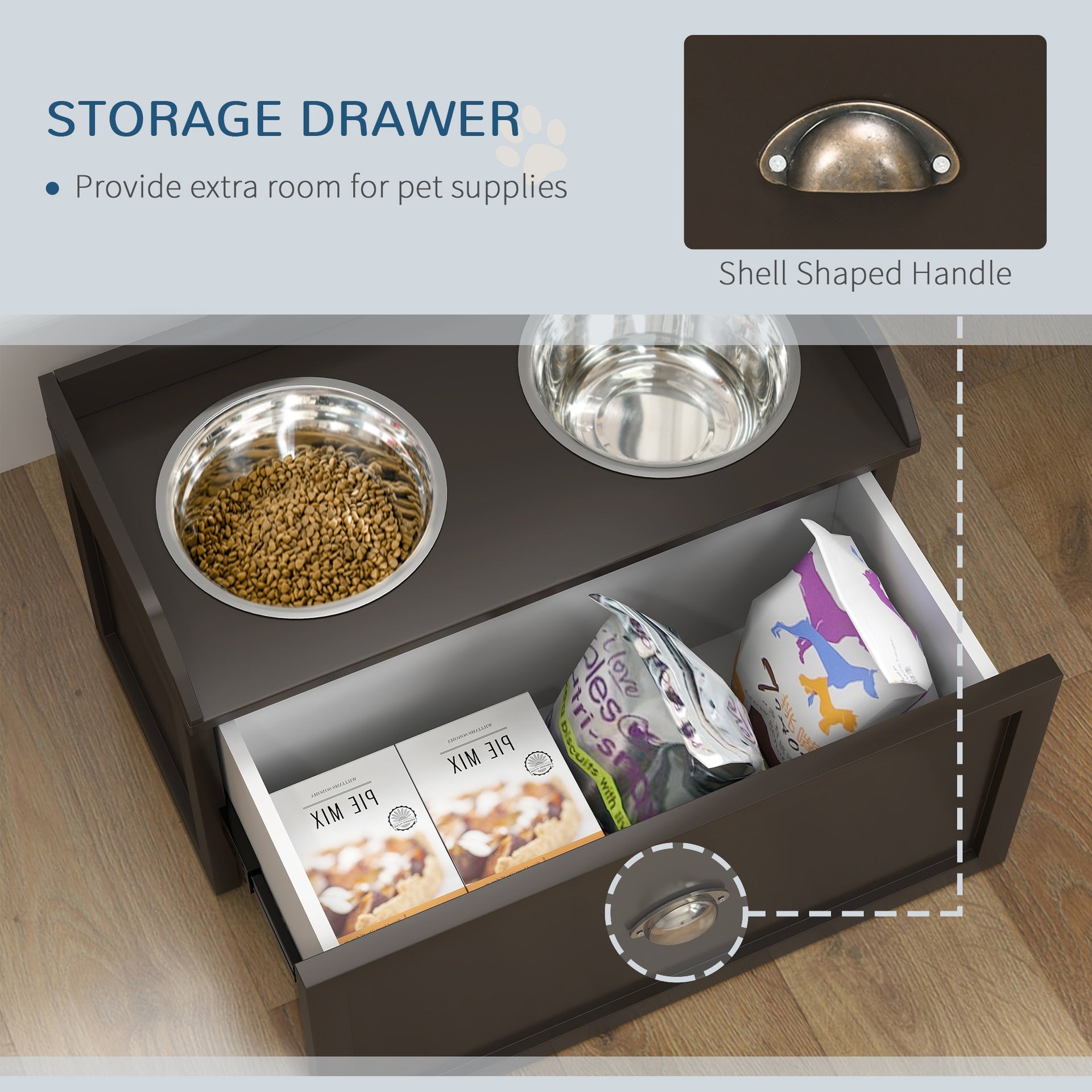 PawHut Pet Feeding Station Pet Dish Bowl Set with Storage, 2 Elevated Dog Bowls for Large Sized Dogs, Coffee