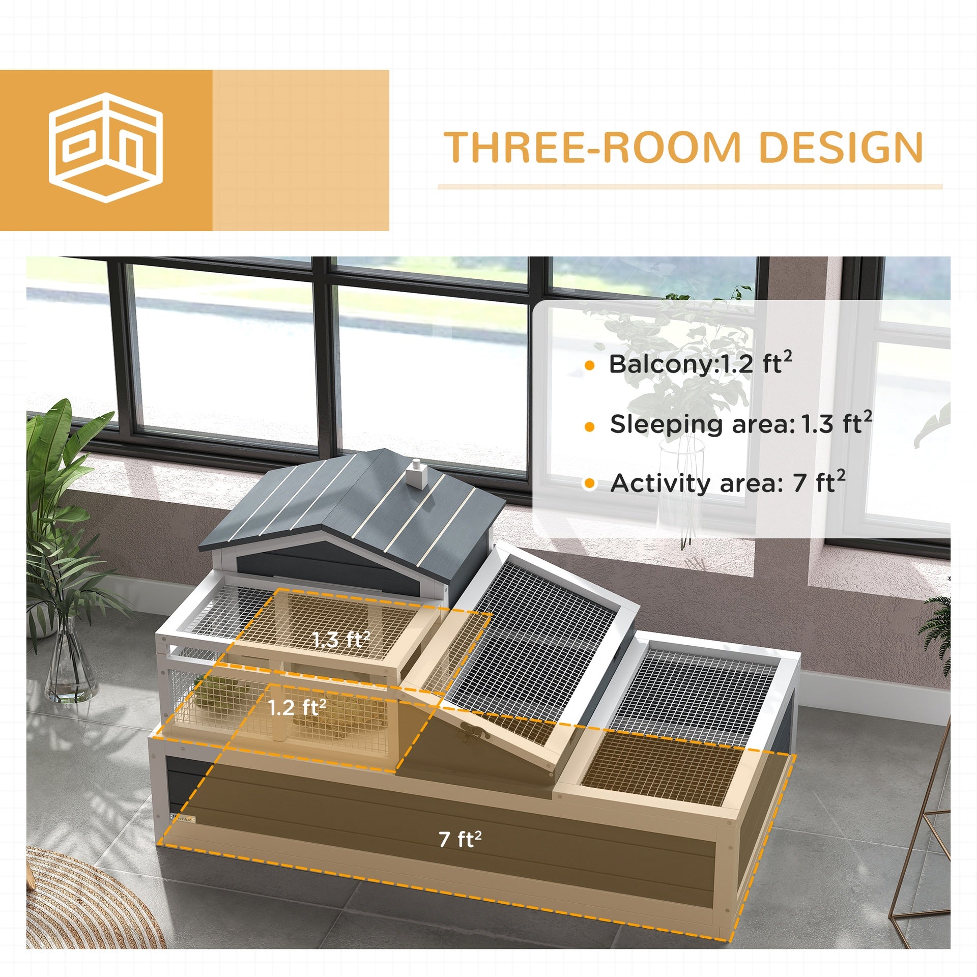 PawHut 3-Room Tortoise Habitat House w/ Balcony & 2 Stories, 44" x 25.5" x 23", Gray