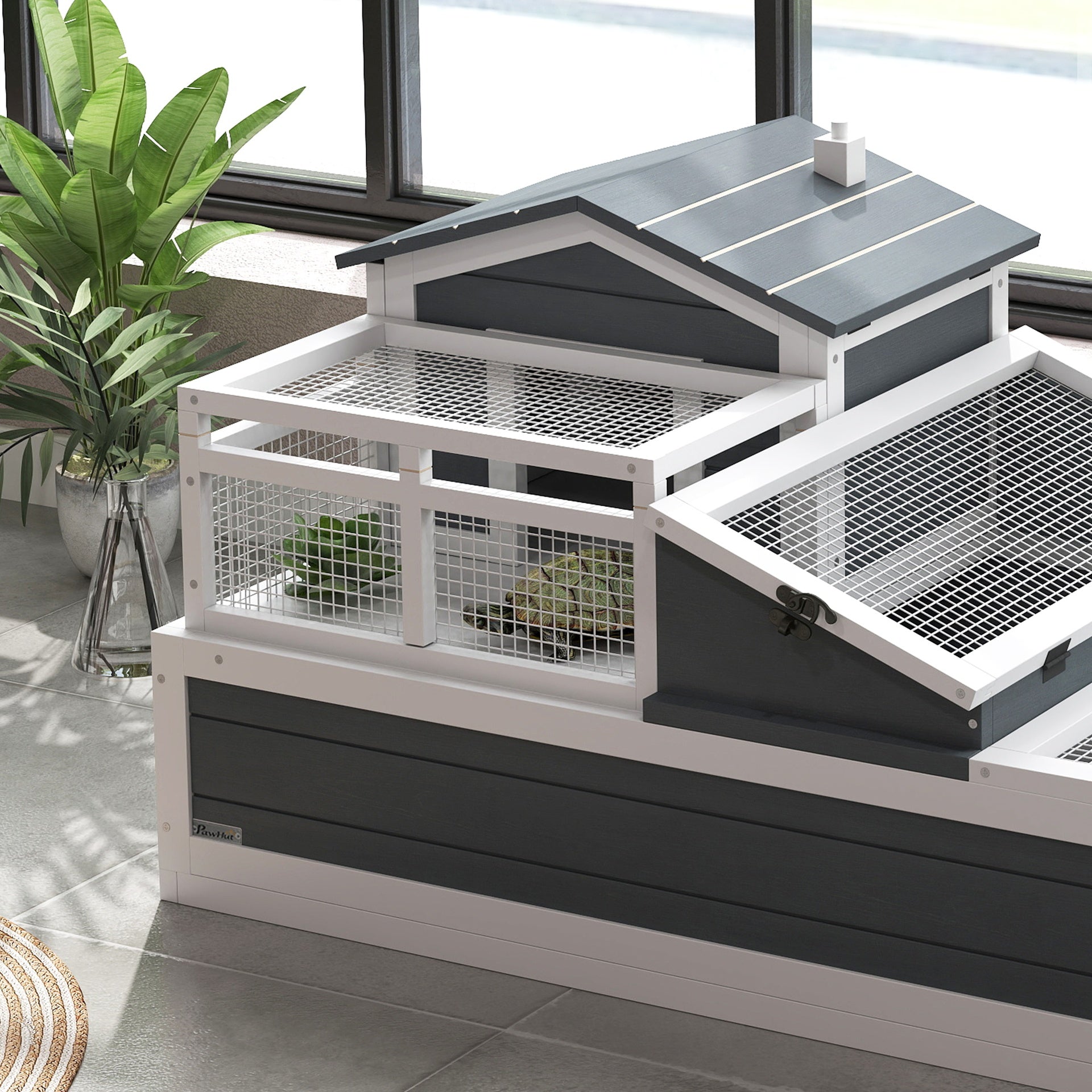 PawHut 3-Room Tortoise Habitat House w/ Balcony & 2 Stories, 44" x 25.5" x 23", Gray