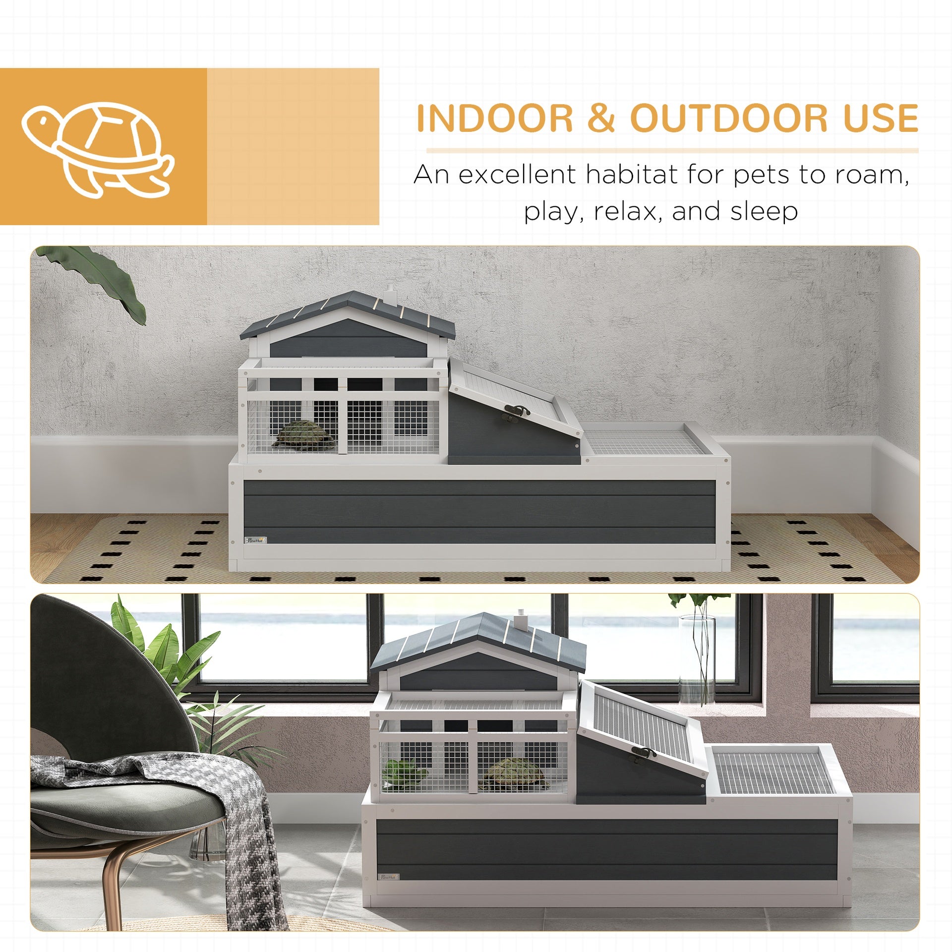 PawHut 3-Room Tortoise Habitat House w/ Balcony & 2 Stories, 44" x 25.5" x 23", Gray