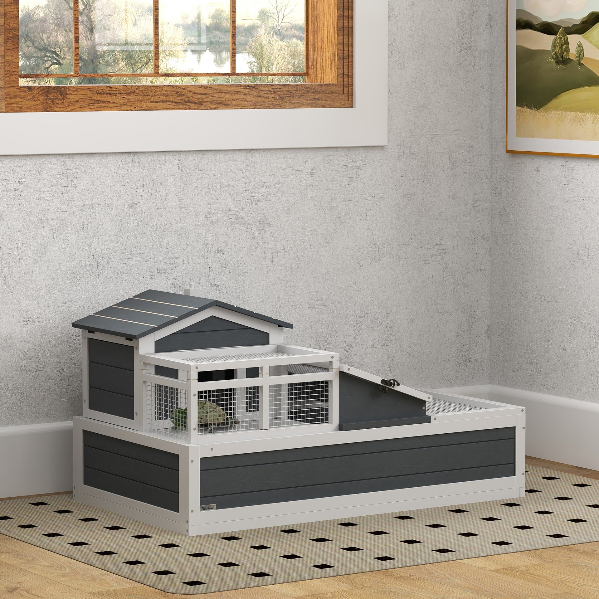 PawHut 3-Room Tortoise Habitat House w/ Balcony & 2 Stories, 44" x 25.5" x 23", Gray