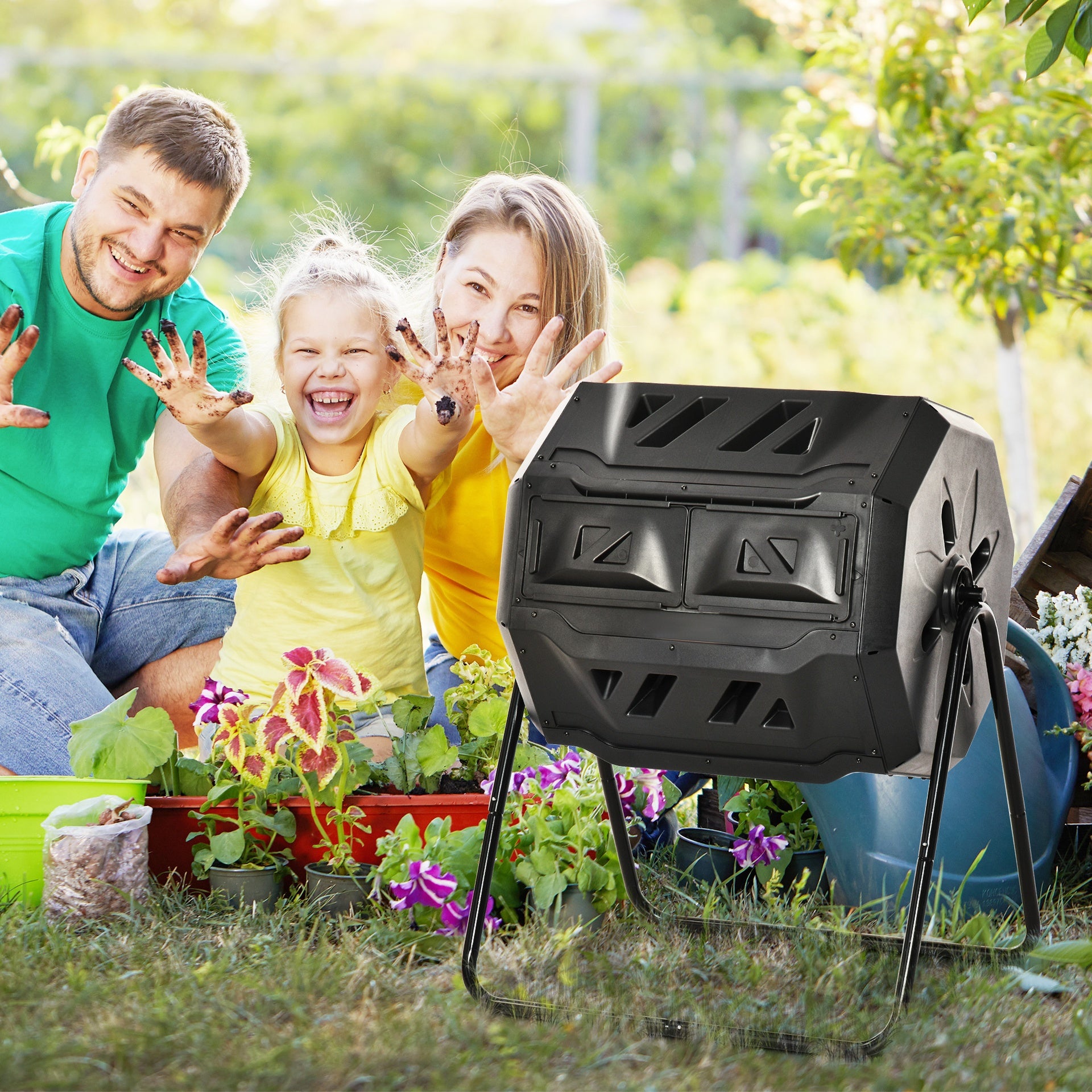 Outsunny Tumbling Compost Bin Outdoor 360° Dual Chamber Rotating Composter 43 Gallon, Black