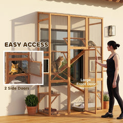PawHut Outdoor Catio Cat Enclosure, Large Wooden Cat House with 6 Jumping Platforms, Scratching Post, 2 Ramps, for 2-3 Kittens