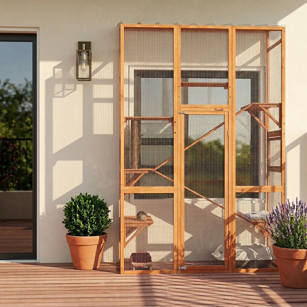 PawHut Outdoor Catio Cat Enclosure, Large Wooden Cat House with 6 Jumping Platforms, Scratching Post, 2 Ramps, for 2-3 Kittens