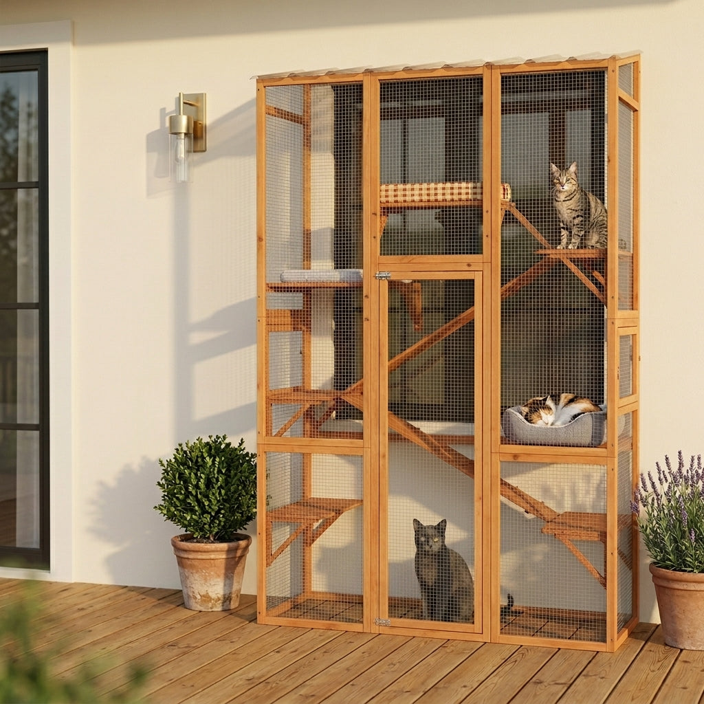 PawHut Outdoor Catio Cat Enclosure, Large Wooden Cat House with 6 Jumping Platforms, Scratching Post, 2 Ramps, for 2-3 Kittens