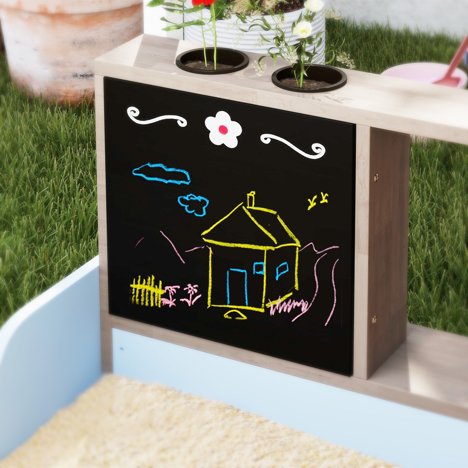 Qaba Kids Wooden Sandbox with Canopy with Bench Seats, Bottom Liner, Drawing Board, Planting Boxes for Backyard, Garden, Blue