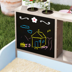 Qaba Kids Wooden Sandbox with Canopy with Bench Seats, Bottom Liner, Drawing Board, Planting Boxes for Backyard, Garden, Blue