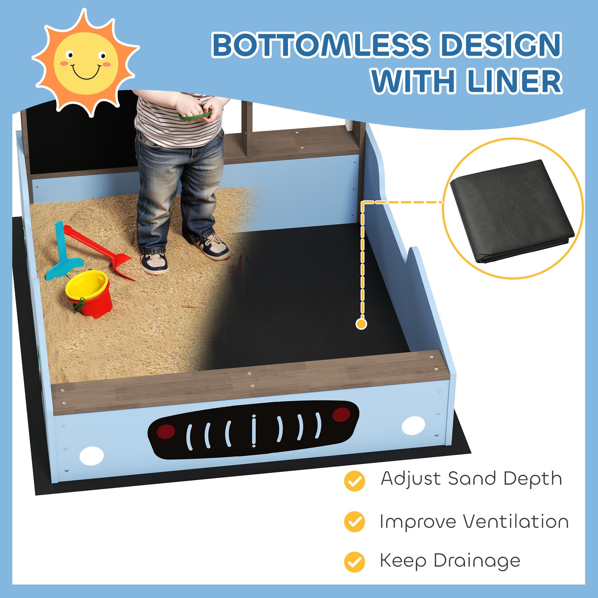 Qaba Kids Wooden Sandbox with Canopy with Bench Seats, Bottom Liner, Drawing Board, Planting Boxes for Backyard, Garden, Blue