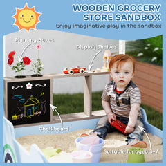 Qaba Kids Wooden Sandbox with Canopy with Bench Seats, Bottom Liner, Drawing Board, Planting Boxes for Backyard, Garden, Blue