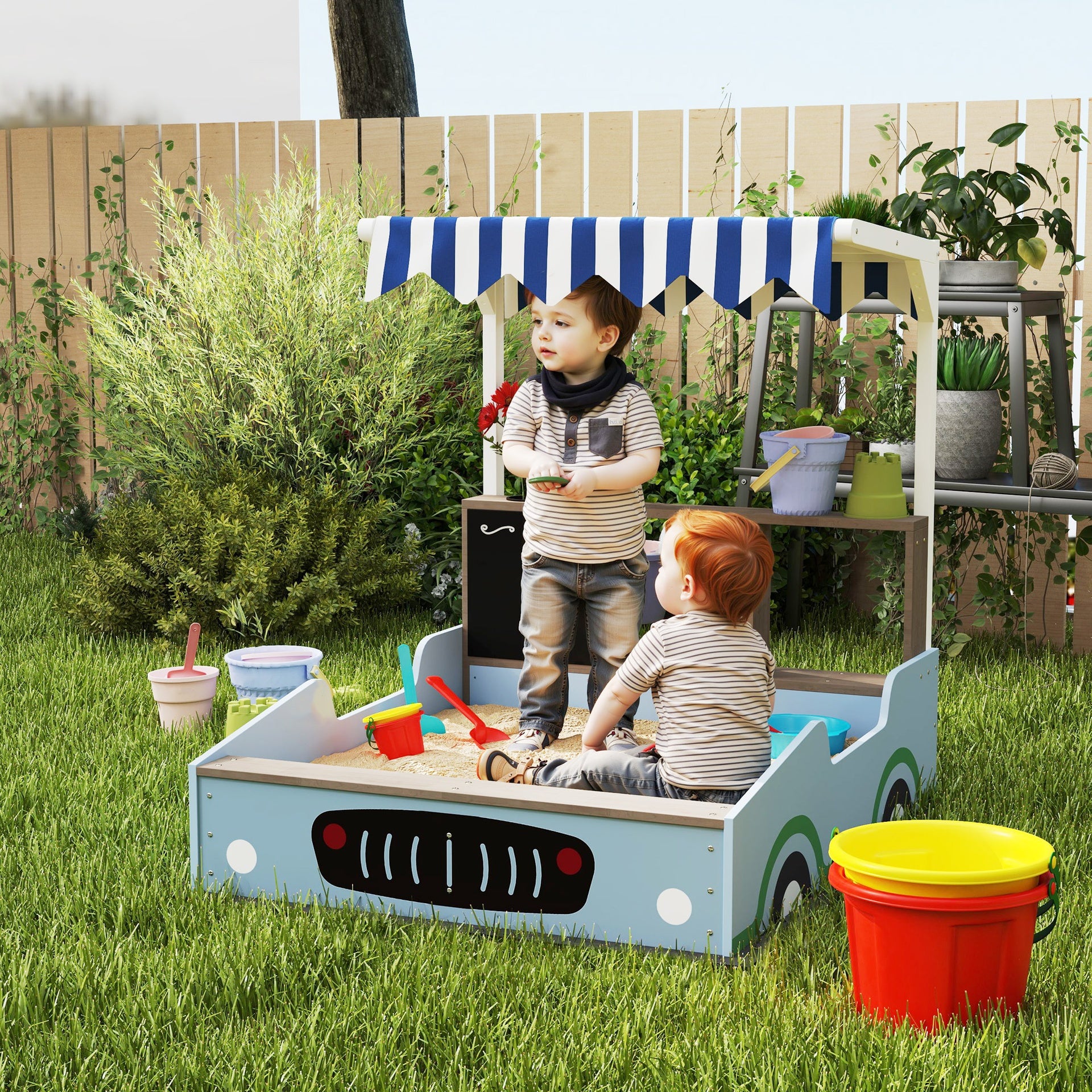Qaba Kids Wooden Sandbox with Canopy with Bench Seats, Bottom Liner, Drawing Board, Planting Boxes for Backyard, Garden, Blue