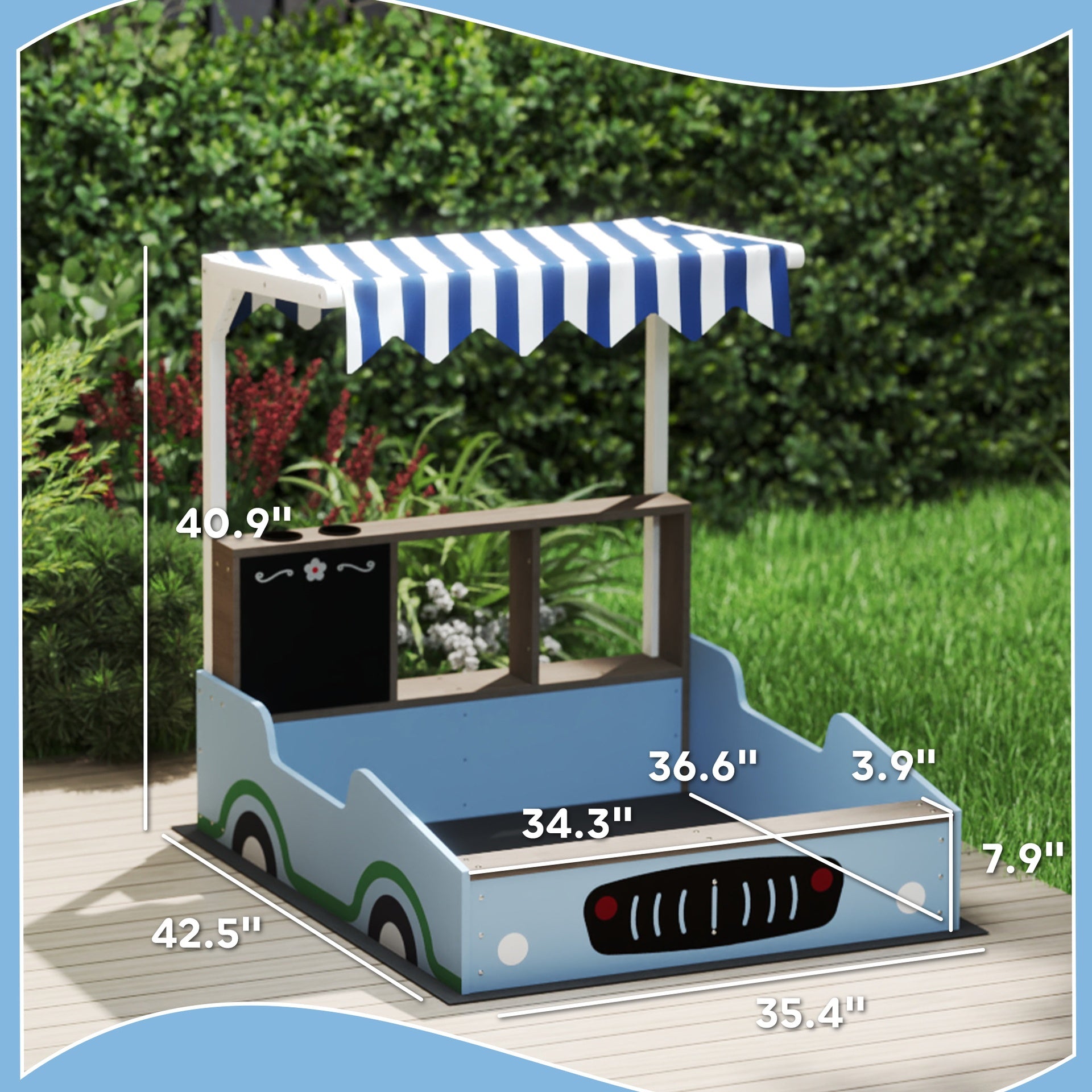 Qaba Kids Wooden Sandbox with Canopy with Bench Seats, Bottom Liner, Drawing Board, Planting Boxes for Backyard, Garden, Blue