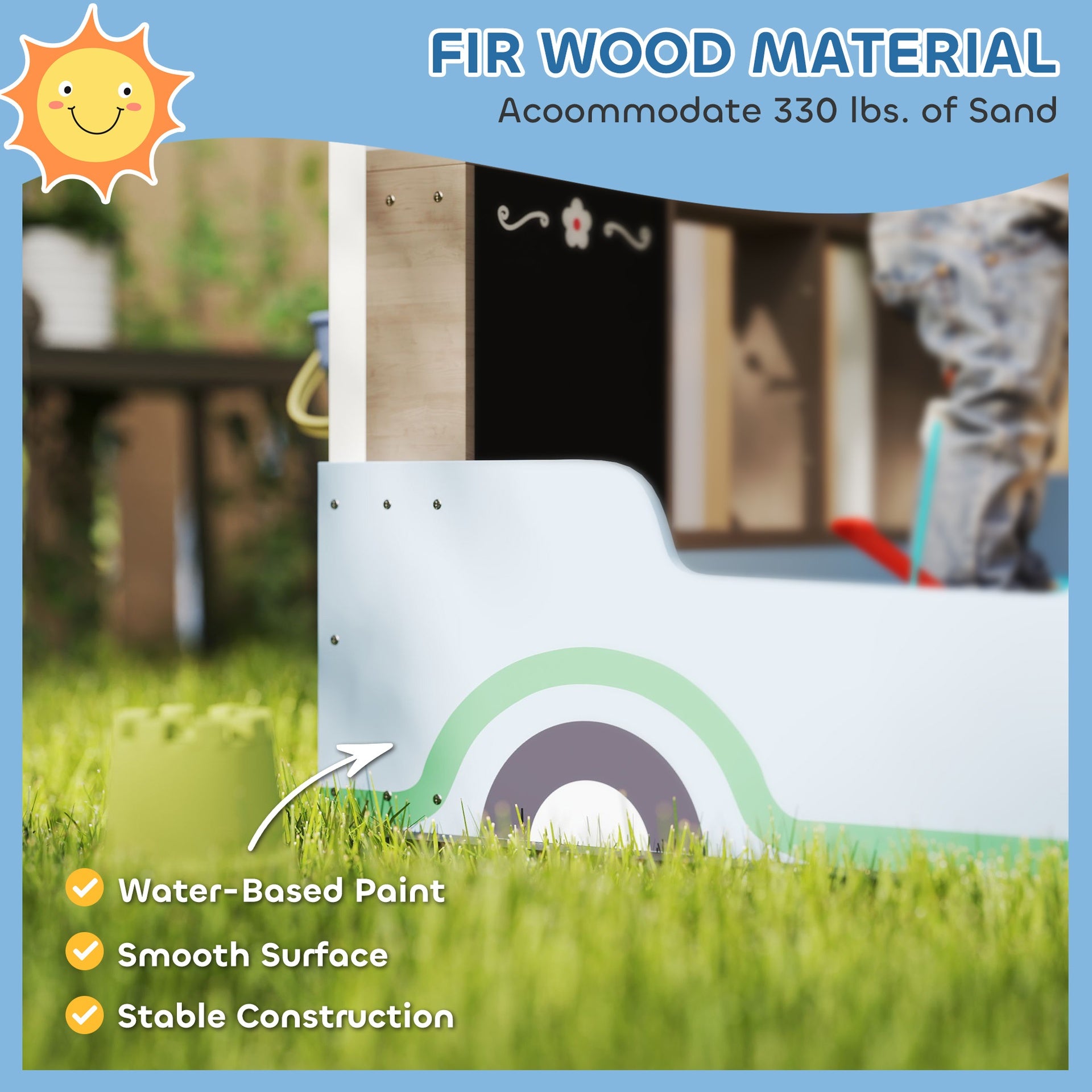 Qaba Kids Wooden Sandbox with Canopy with Bench Seats, Bottom Liner, Drawing Board, Planting Boxes for Backyard, Garden, Blue