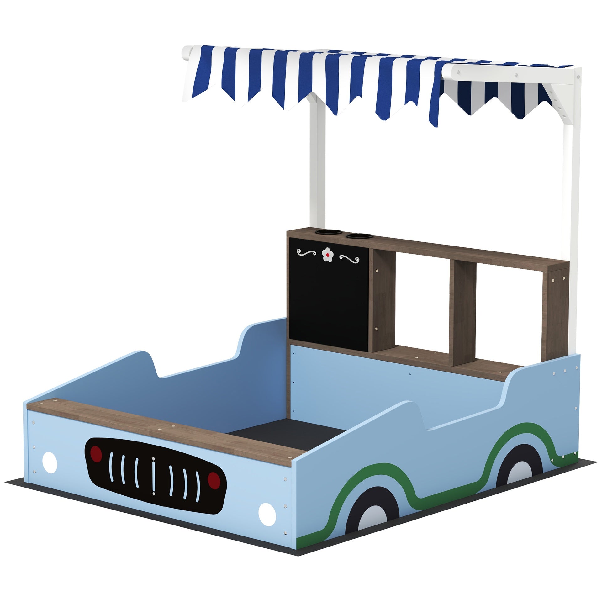 Qaba Kids Wooden Sandbox with Canopy with Bench Seats, Bottom Liner, Drawing Board, Planting Boxes for Backyard, Garden, Blue