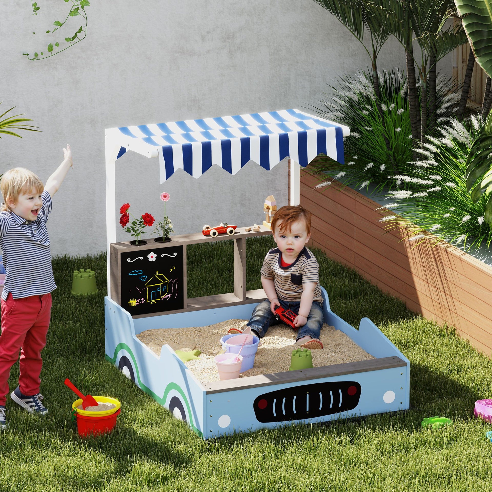 Qaba Kids Wooden Sandbox with Canopy with Bench Seats, Bottom Liner, Drawing Board, Planting Boxes for Backyard, Garden, Blue