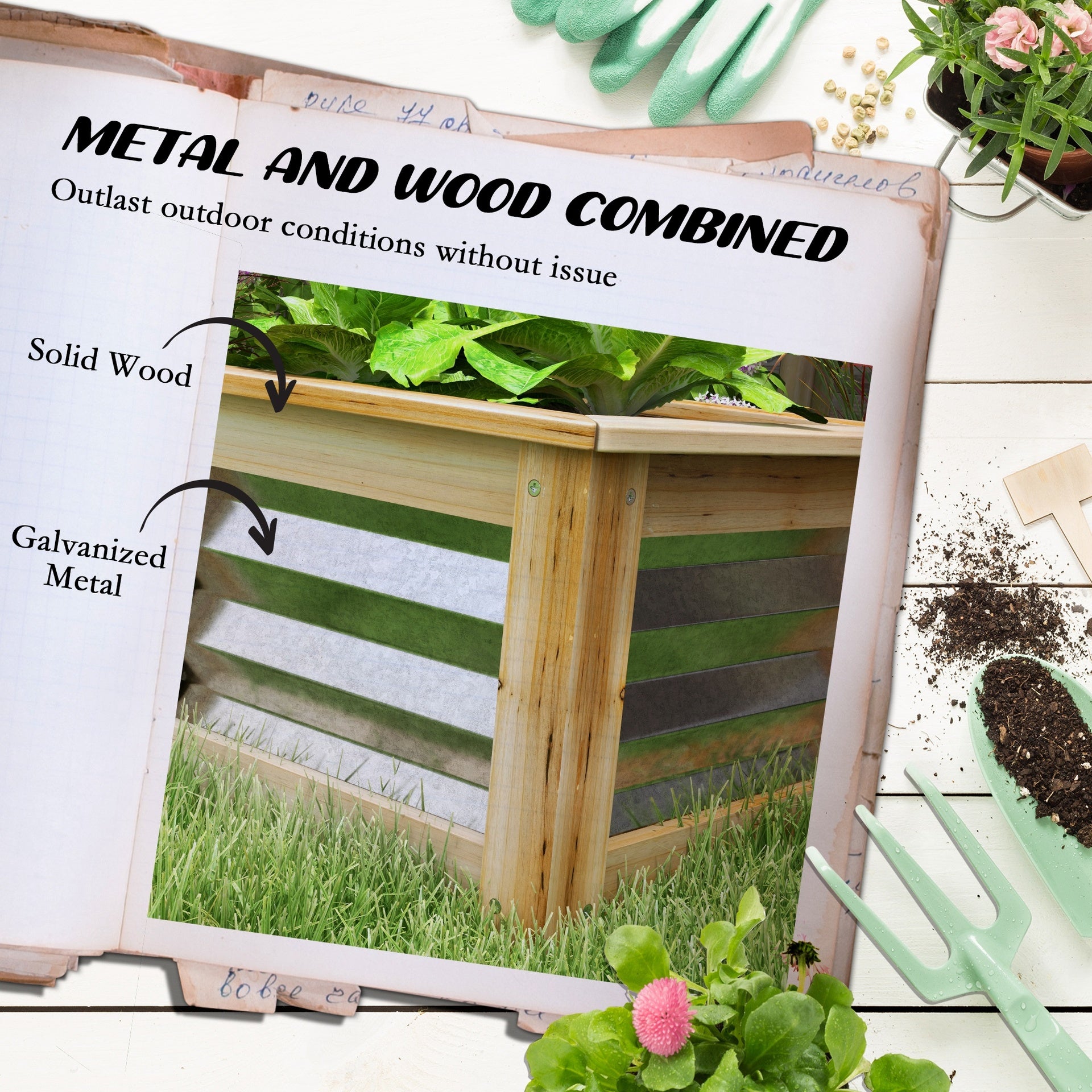 Outsunny Raised Garden Bed, Planter Box, Metal and Wood Combined, for Growing Flowers, Herbs and Vegetables