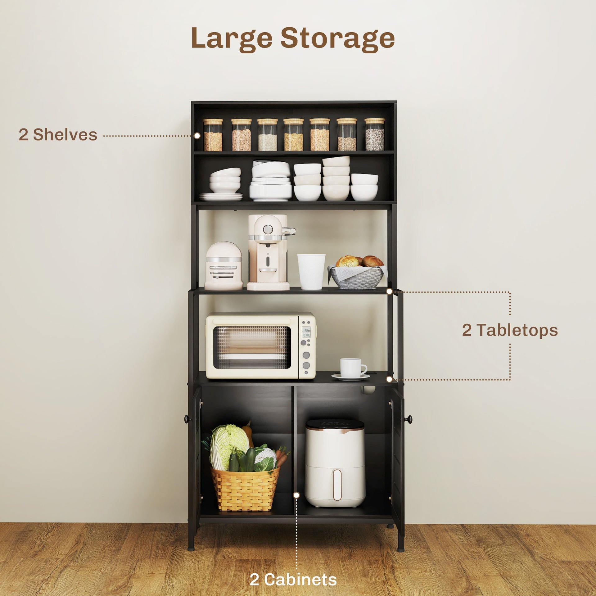HOMCOM Baker's Rack with Power Outlet and Storage Shelves, Microwave Stand with Louvred Door Cabinets, Black