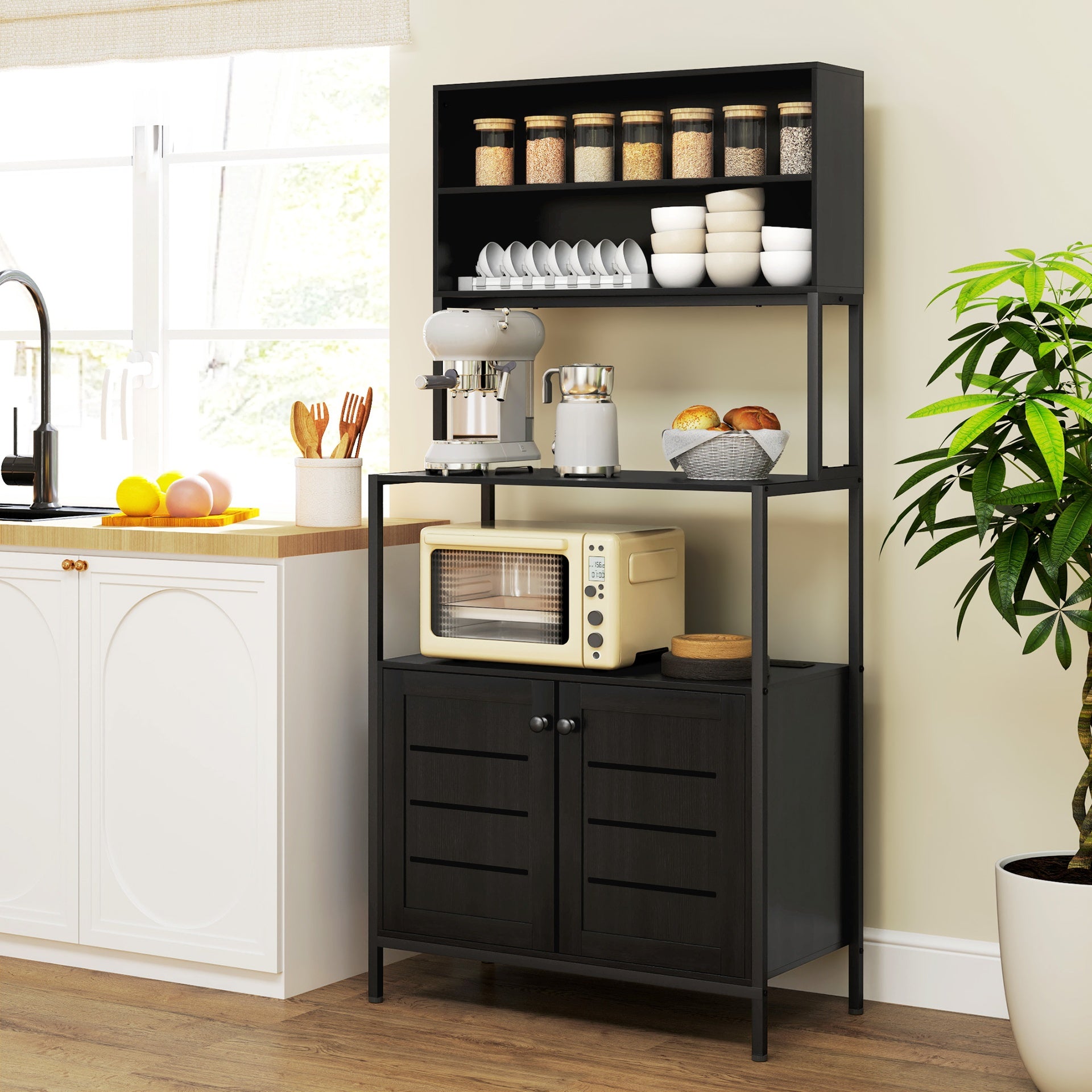 HOMCOM Baker's Rack with Power Outlet and Storage Shelves, Microwave Stand with Louvred Door Cabinets, Black