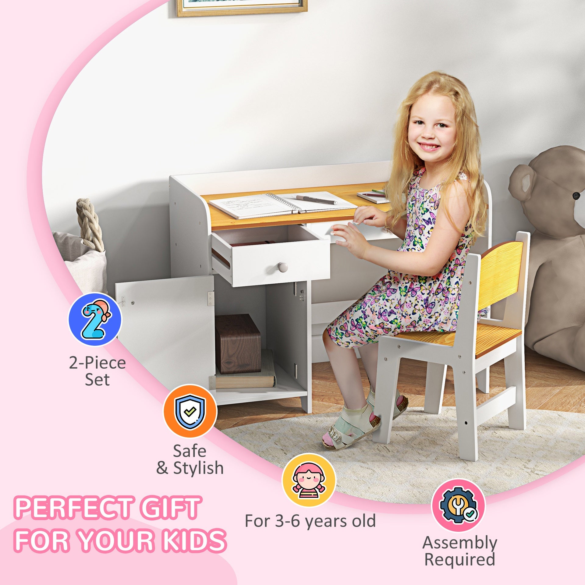 Qaba Kids Desk and Chair Set with Storage, Study Desk with Chair, White