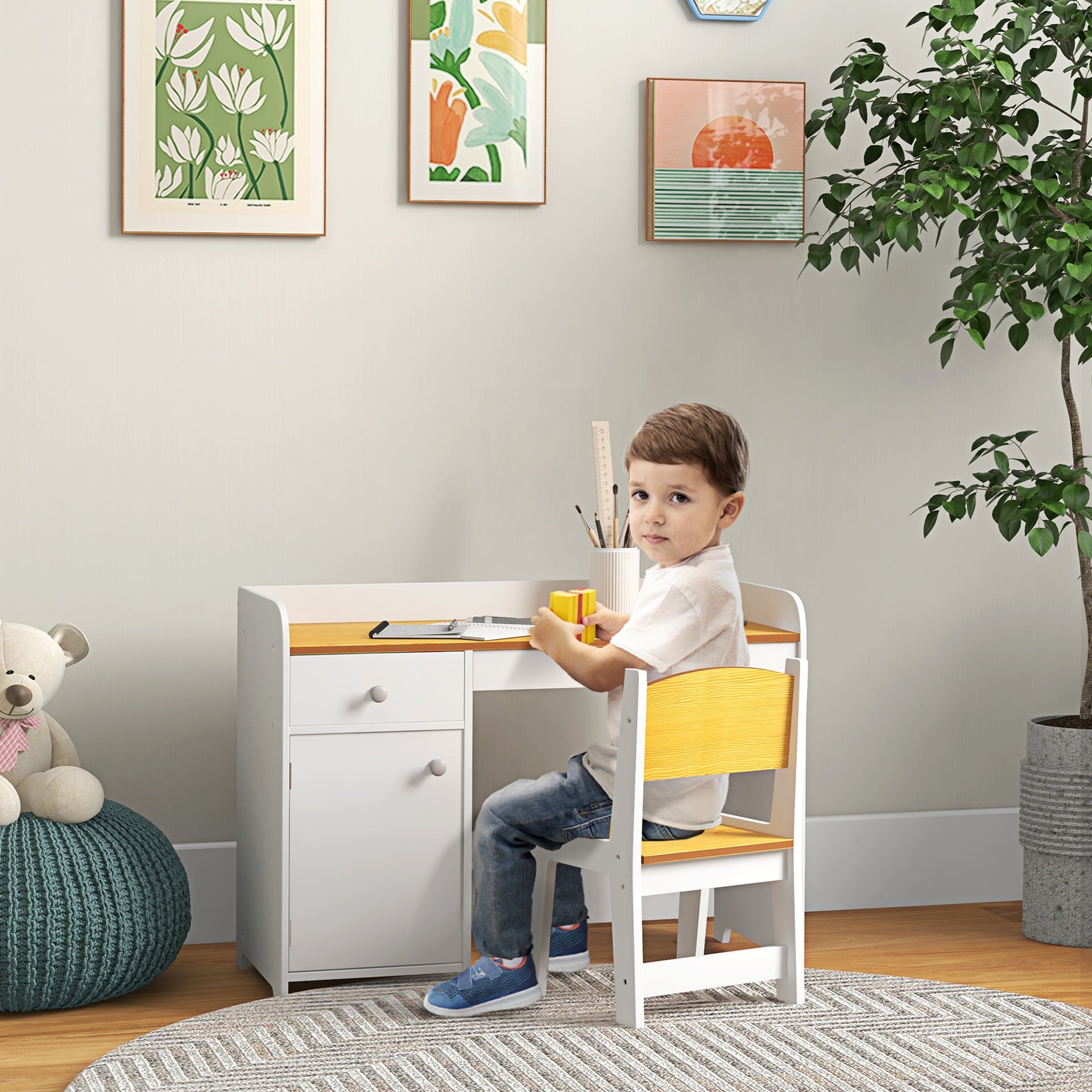 Qaba Kids Desk and Chair Set with Storage, Study Desk with Chair, White