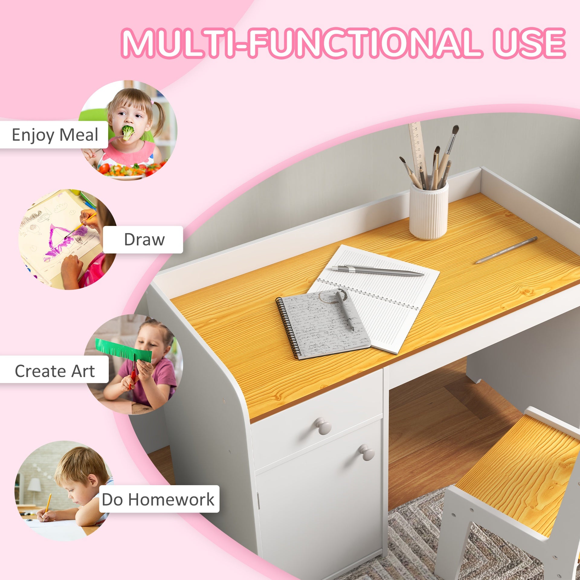 Qaba Kids Desk and Chair Set with Storage, Study Desk with Chair, White