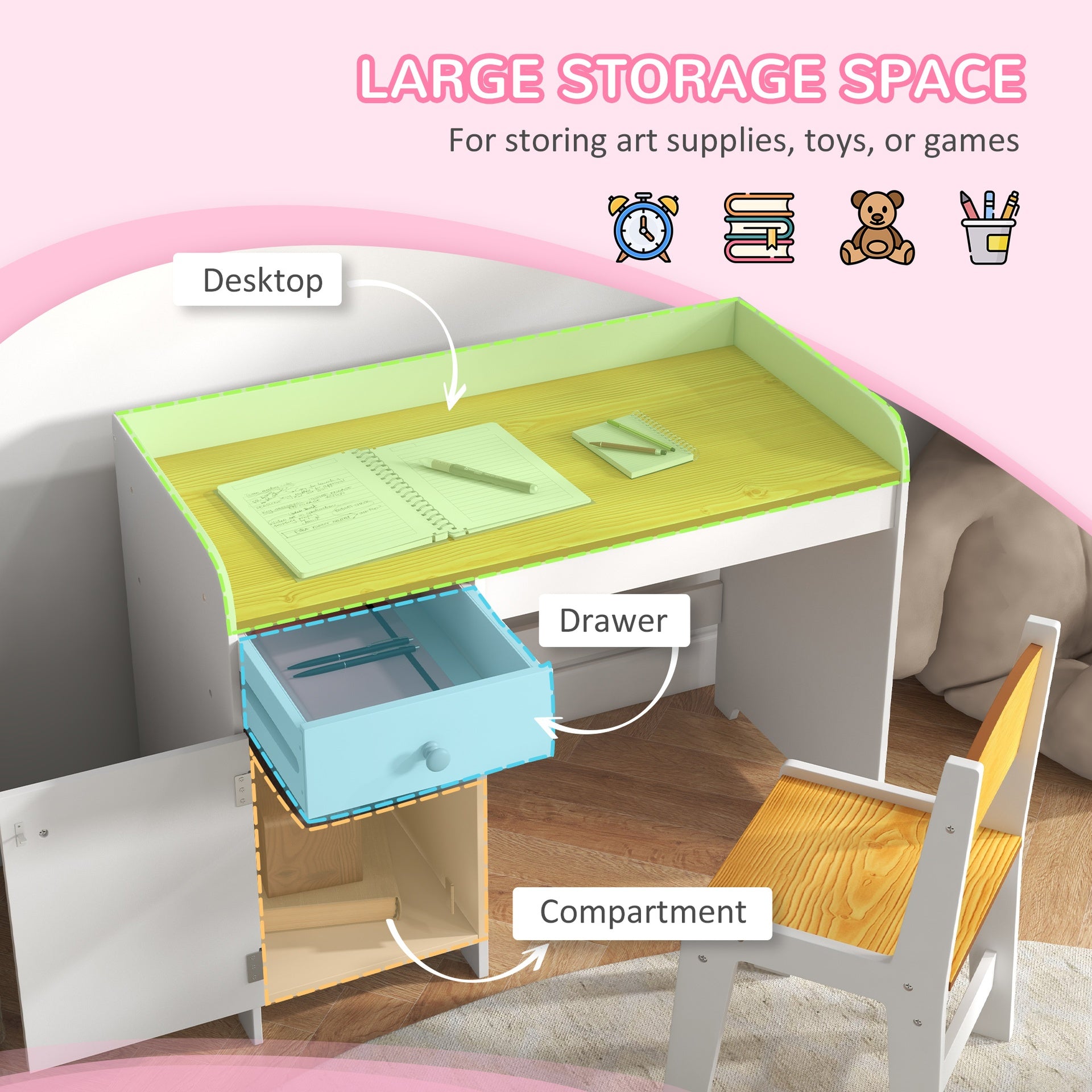 Qaba Kids Desk and Chair Set with Storage, Study Desk with Chair, White