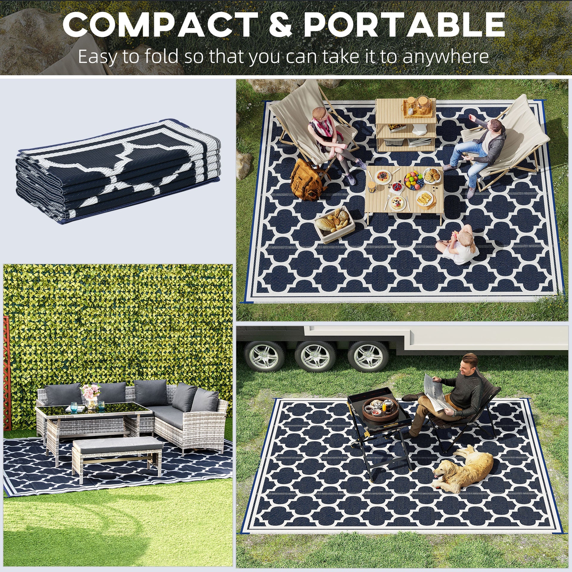 Outsunny Reversible Outdoor Rug, 9' x 12' Waterproof Plastic Straw Floor Mat, Portable RV Camping Carpet, Large Floor Mat for Backyard, Deck, Picnic, Beach, Blue & White