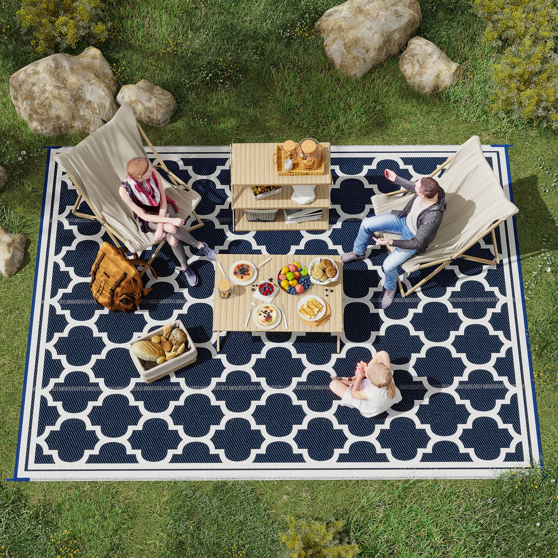 Outsunny Reversible Outdoor Rug, 9' x 12' Waterproof Plastic Straw Floor Mat, Portable RV Camping Carpet, Large Floor Mat for Backyard, Deck, Picnic, Beach, Blue & White