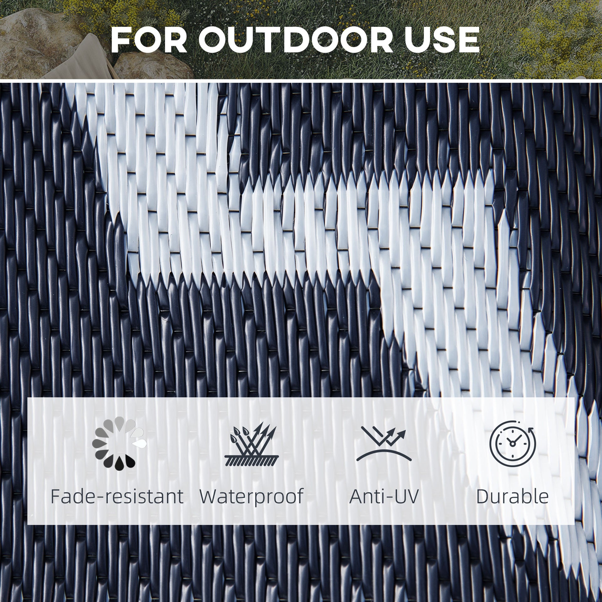 Outsunny Reversible Outdoor Rug, 9' x 12' Waterproof Plastic Straw Floor Mat, Portable RV Camping Carpet, Large Floor Mat for Backyard, Deck, Picnic, Beach, Blue & White