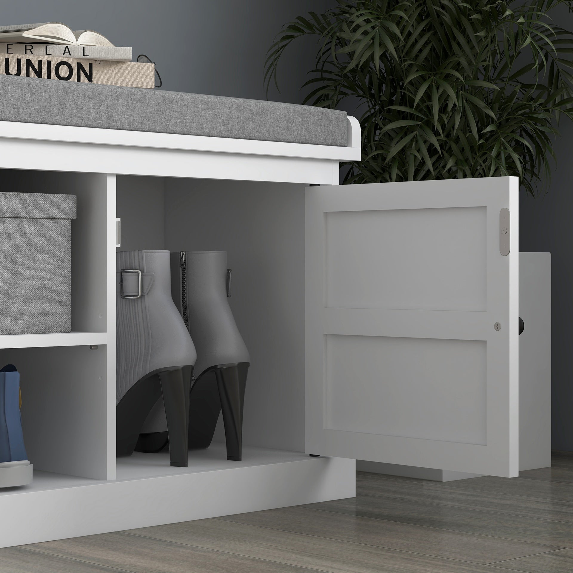 HOMCOM Shoe Storage Bench with Cushioned Seat, Entryway Bench Seat with 2 Cabinets and Adjustable Shelf for Hallway, White