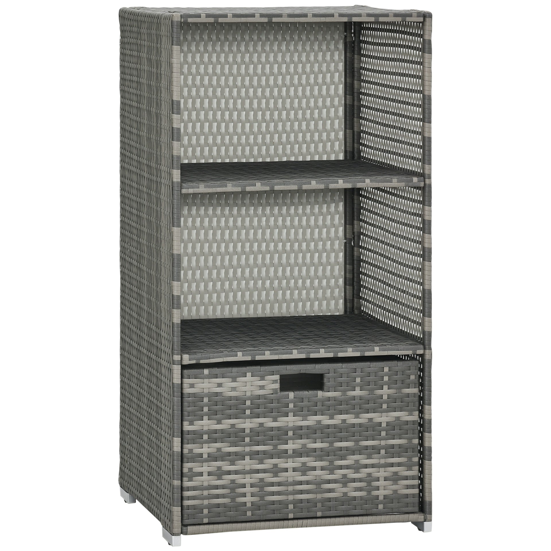Outsunny Valet Pool Towel Rack, Waterproof PE Plastic Rattan Wicker Storage Organizer, Indoor Outdoor Spa, and Hot Tub Accessory Storage, 2 Shelves, 1 Basket Drawer, Gray