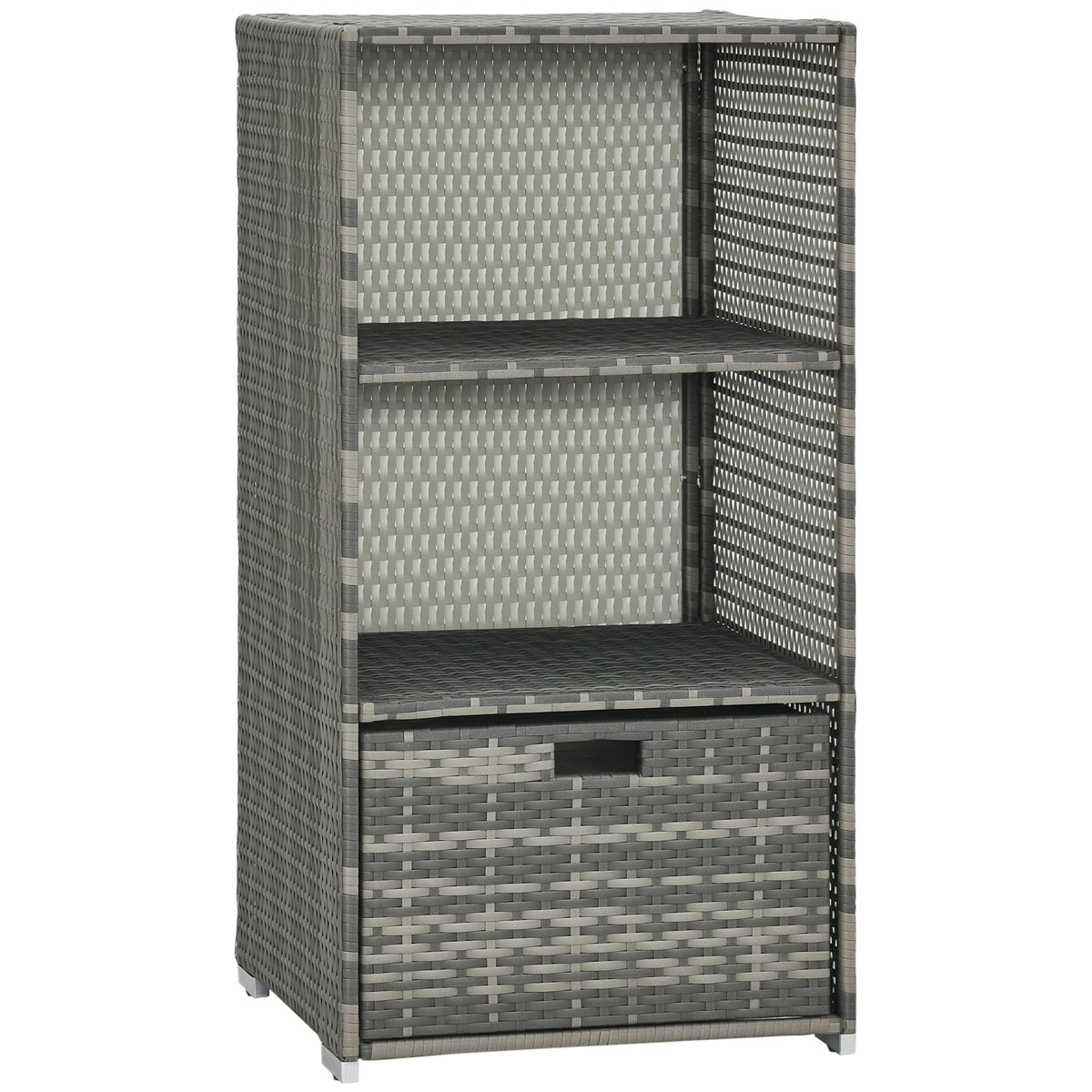 Outsunny Valet Pool Towel Rack, Waterproof PE Plastic Rattan Wicker Storage Organizer, Indoor Outdoor Spa, and Hot Tub Accessory Storage, 2 Shelves, 1 Basket Drawer, Gray