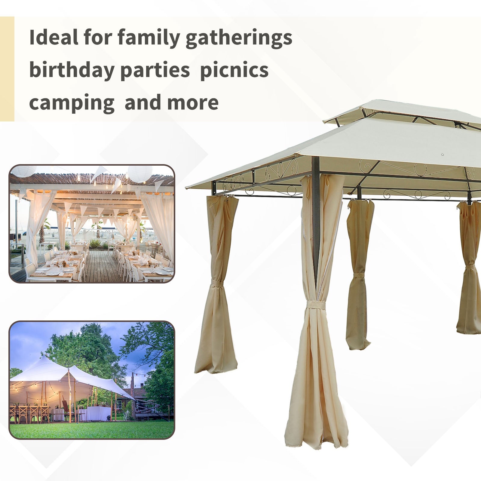 Outsunny 10' x 13' Patio Gazebo, Outdoor Gazebo Canopy Shelter with Curtains, Vented Roof, Steel Frame for Garden, Lawn, Backyard and Deck, Cream White
