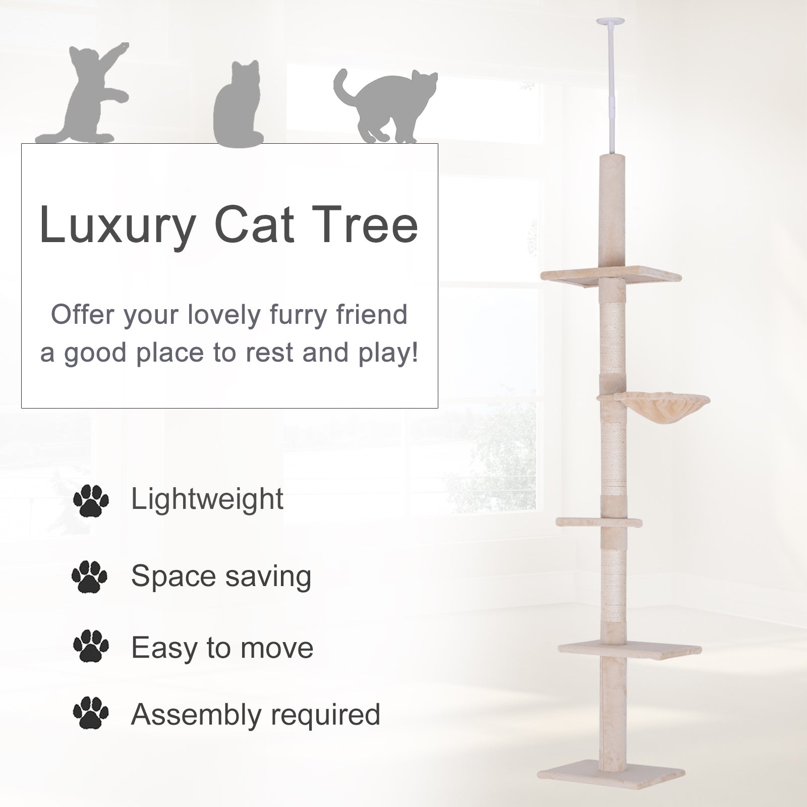 PawHut 102" Adjustable Height Floor to Ceiling Cat Tree, 5 Level Cat Tower with Scratching Posts, Hammock, Beige