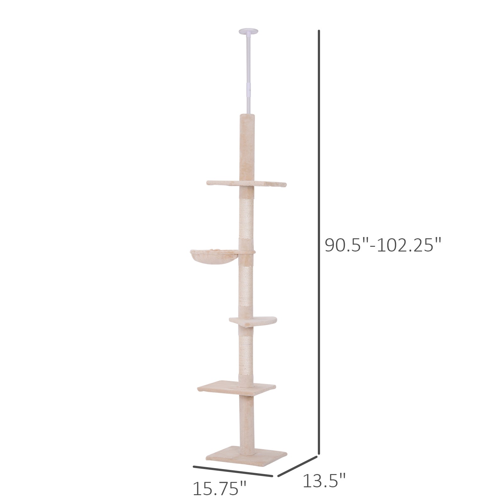 PawHut 102" Adjustable Height Floor to Ceiling Cat Tree, 5 Level Cat Tower with Scratching Posts, Hammock, Beige