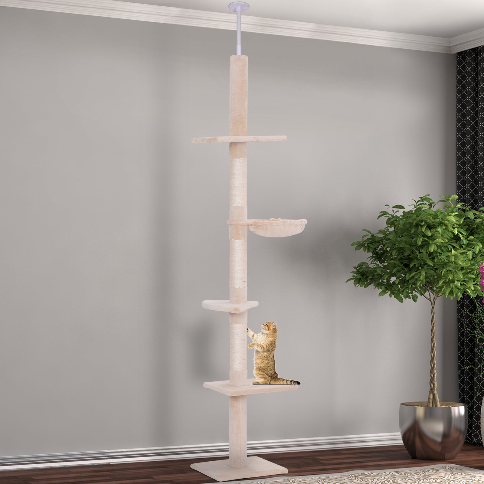 PawHut 102" Adjustable Height Floor to Ceiling Cat Tree, 5 Level Cat Tower with Scratching Posts, Hammock, Beige