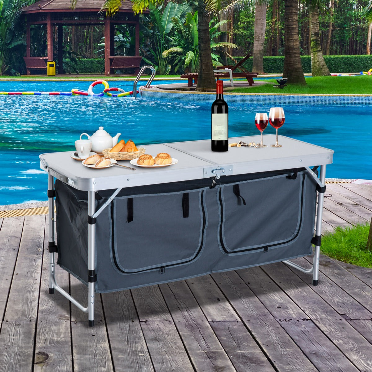 Outsunny 47" Portable Camping Table Aluminum Picnic Folding Camping Table with Carrying Handle and Storage Organizer