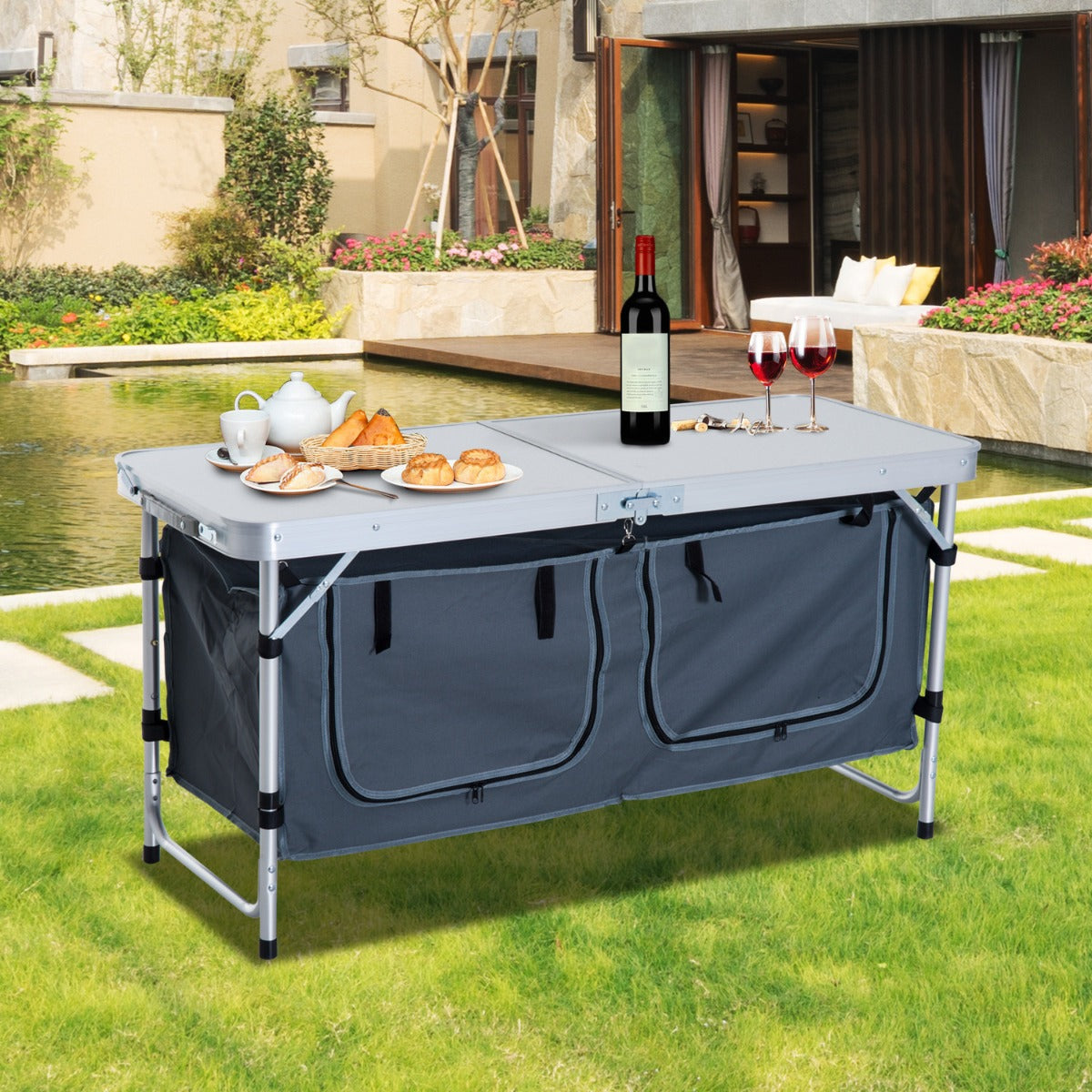 Outsunny 47" Portable Camping Table Aluminum Picnic Folding Camping Table with Carrying Handle and Storage Organizer