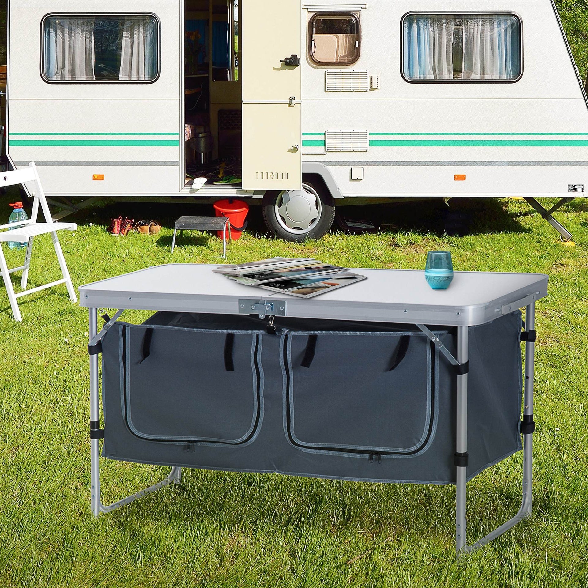 Outsunny 47" Portable Camping Table Aluminum Picnic Folding Camping Table with Carrying Handle and Storage Organizer