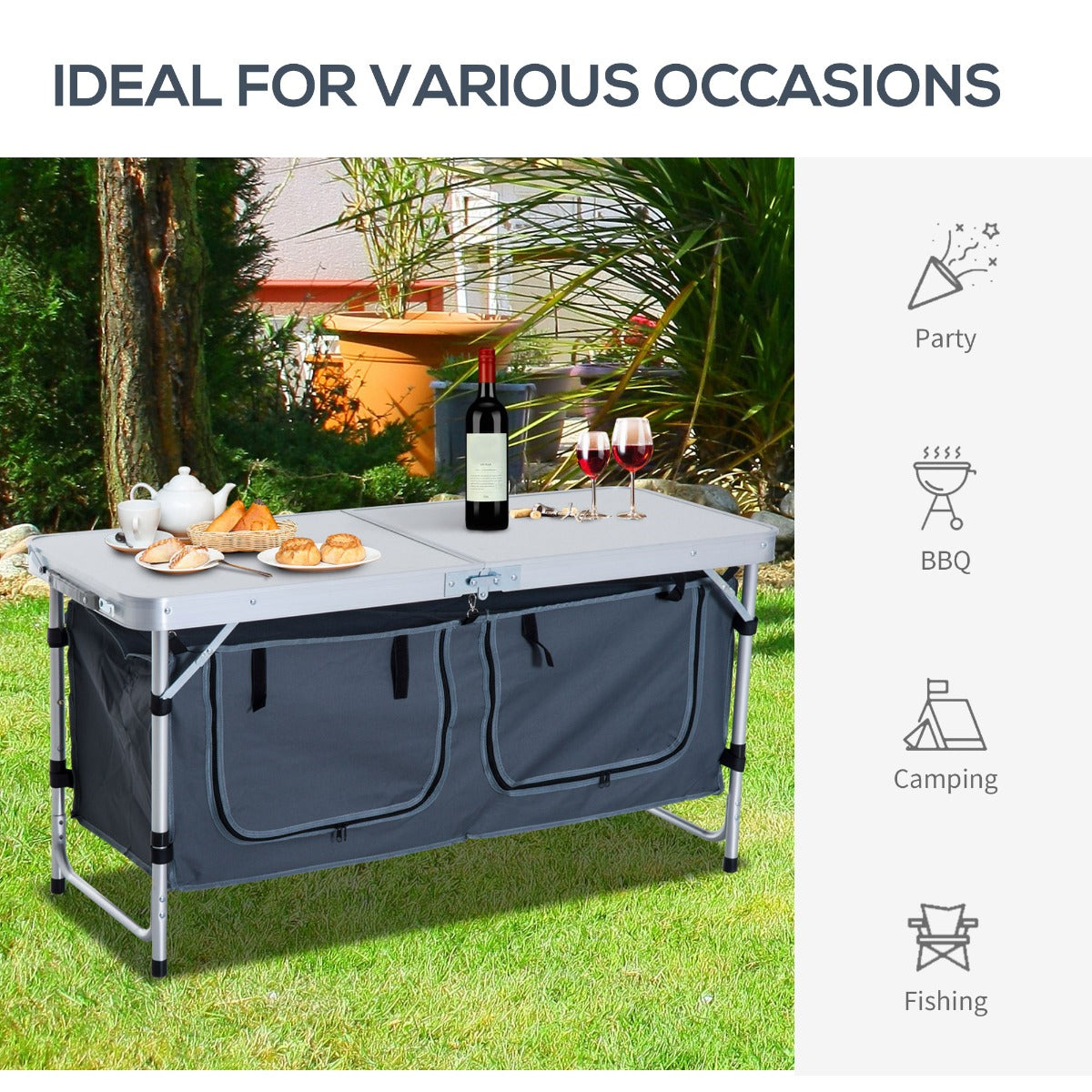 Outsunny 47" Portable Camping Table Aluminum Picnic Folding Camping Table with Carrying Handle and Storage Organizer