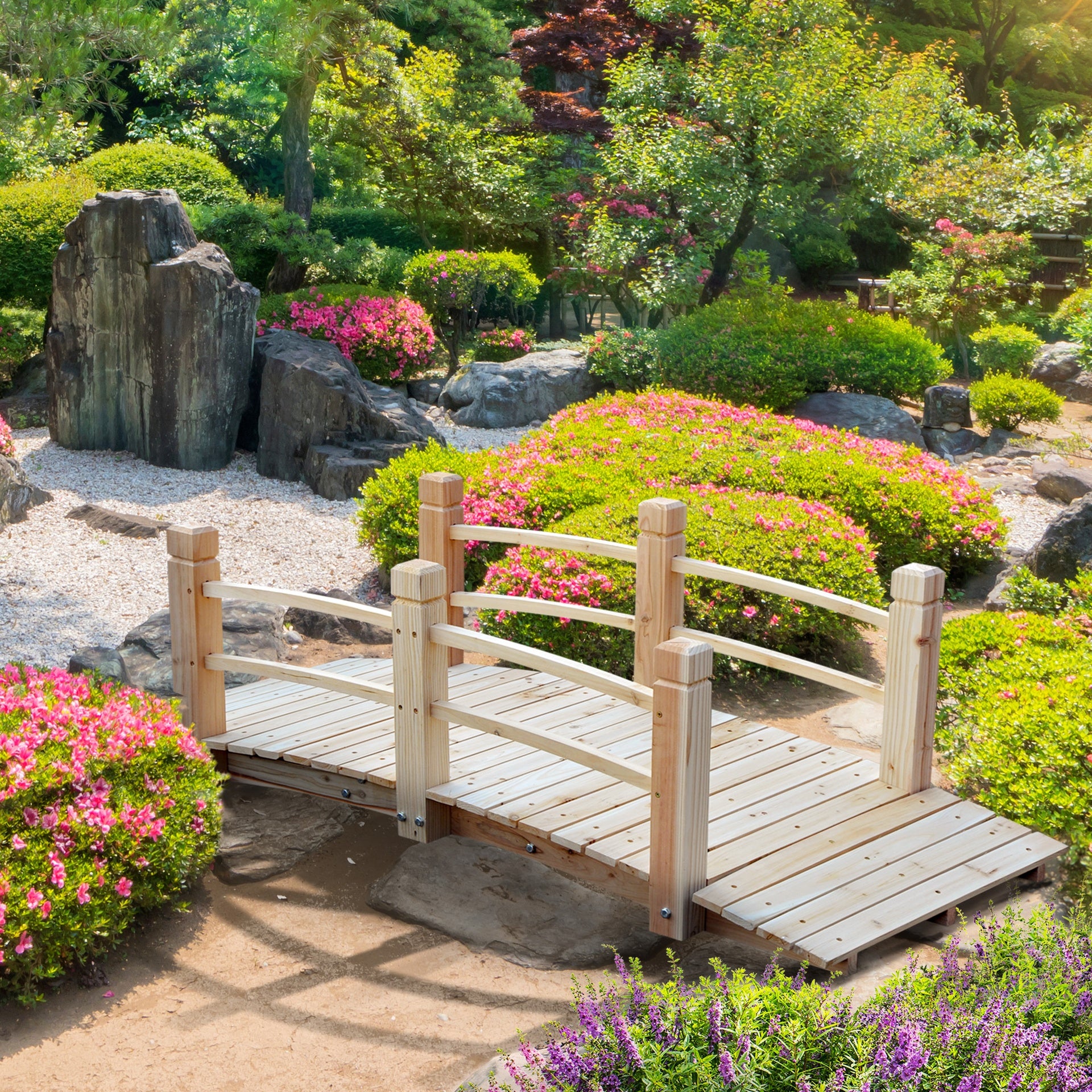 Outsunny 5 ft Wooden Garden Bridge Arc Footbridge with Railings for your Backyard, Natural Wood