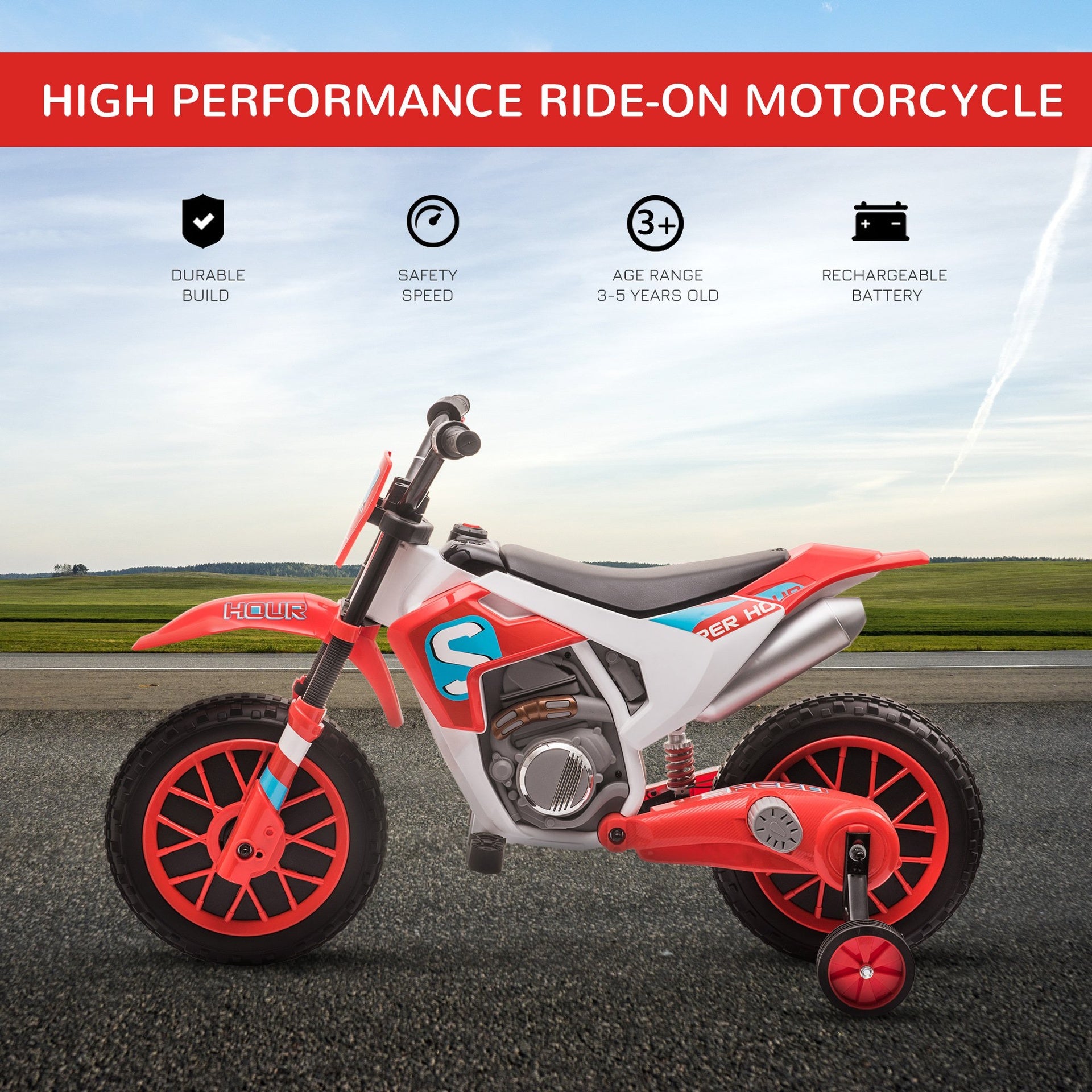 Aosom 12V Electric Kids Ride On Dirt Bike Motorcycle Toy w/ Training Wheels, Red