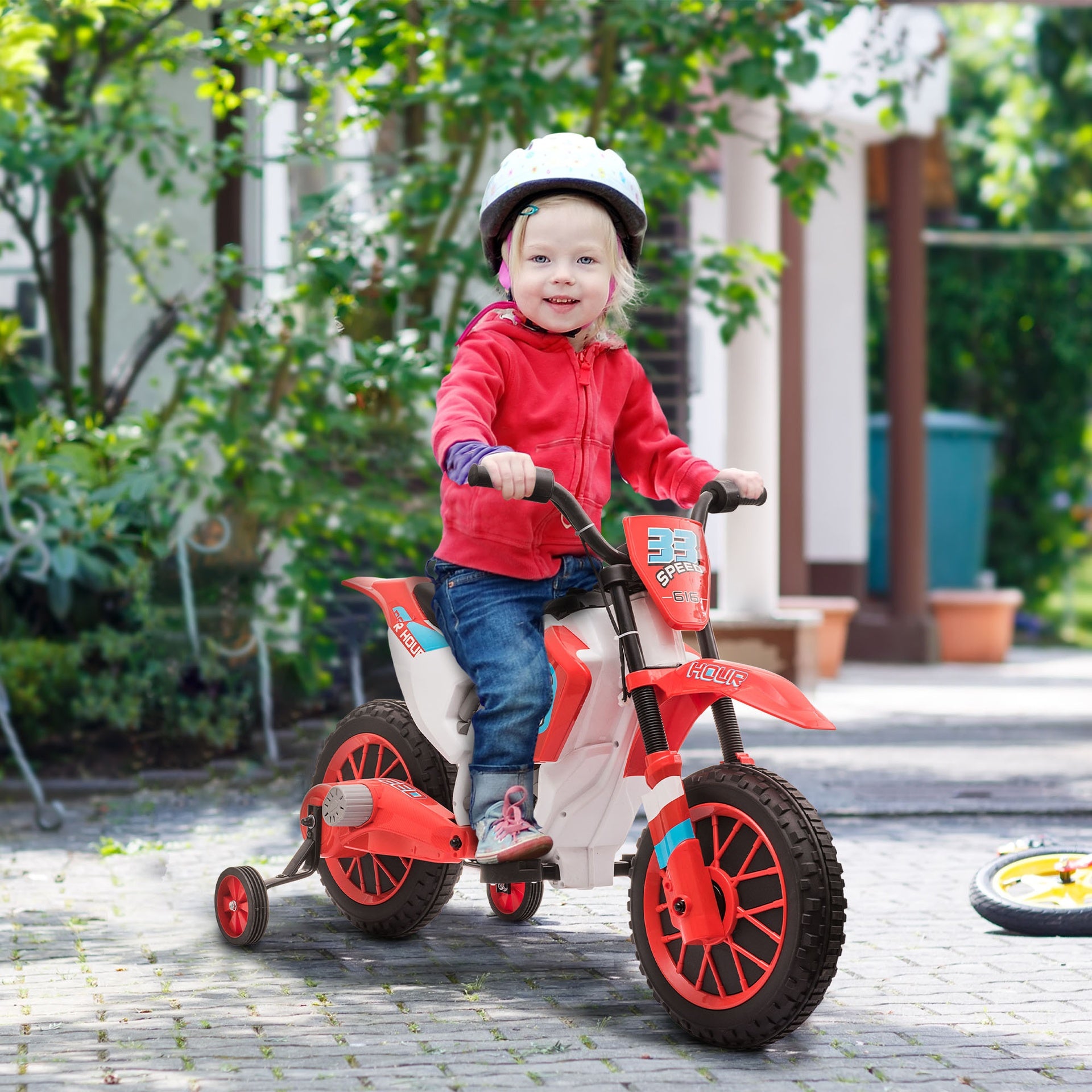Aosom 12V Electric Kids Ride On Dirt Bike Motorcycle Toy w/ Training Wheels, Red