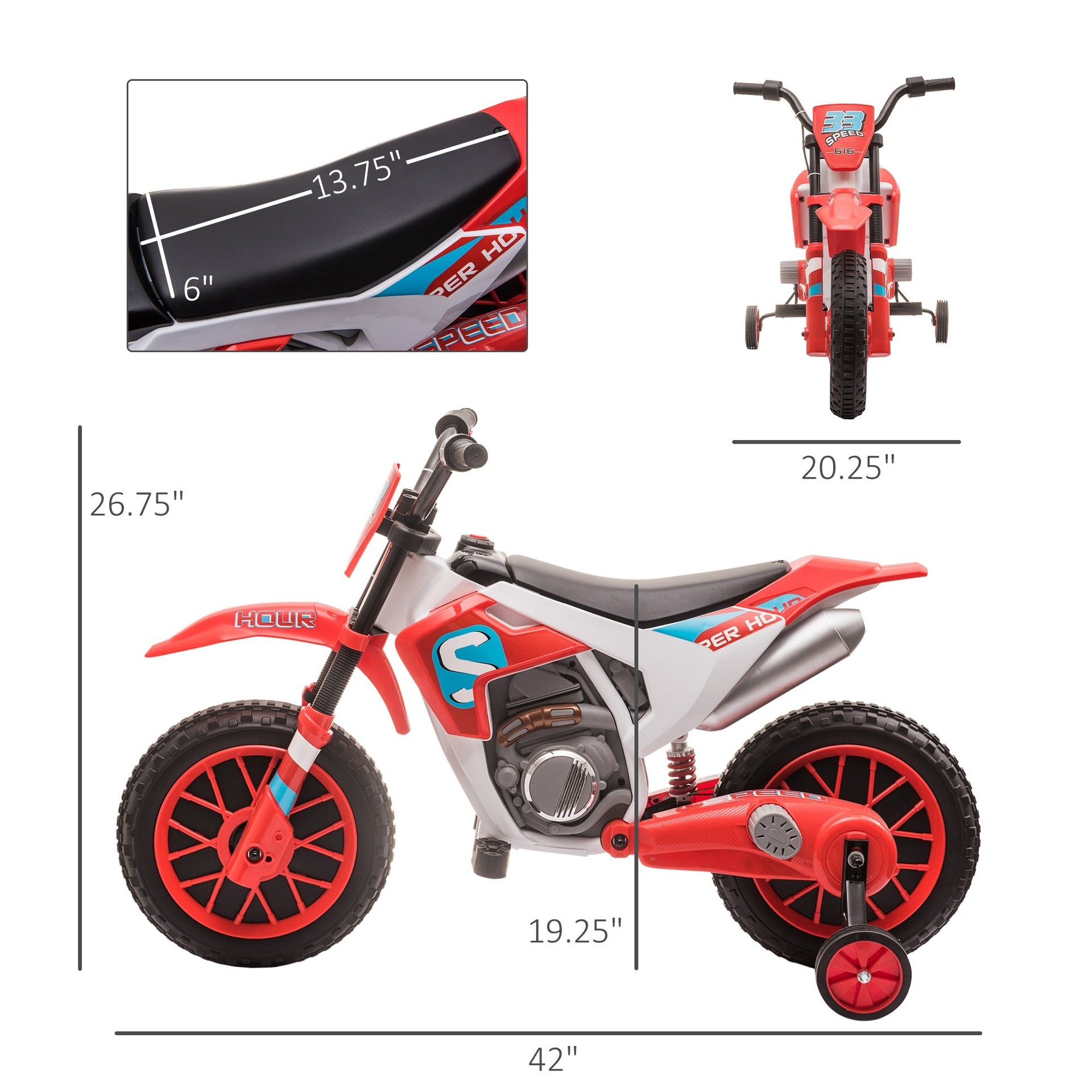 Aosom 12V Electric Kids Ride On Dirt Bike Motorcycle Toy w/ Training Wheels, Red