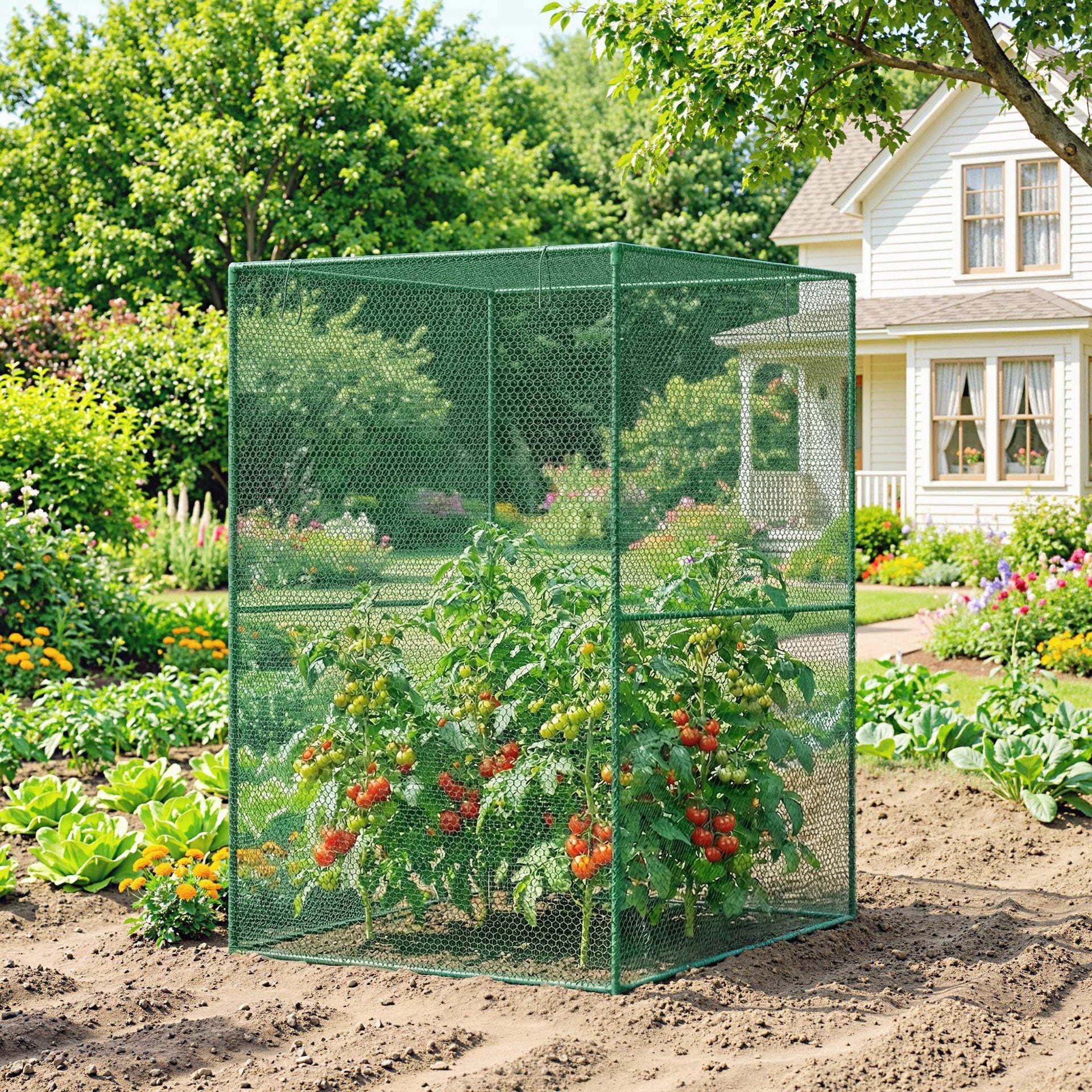 Outsunny Walk-in Crop Cage, Plant Protectors from Animals with Roll Up Zippered Door, 3.9' x 3.9' x 5.9', Dark Green