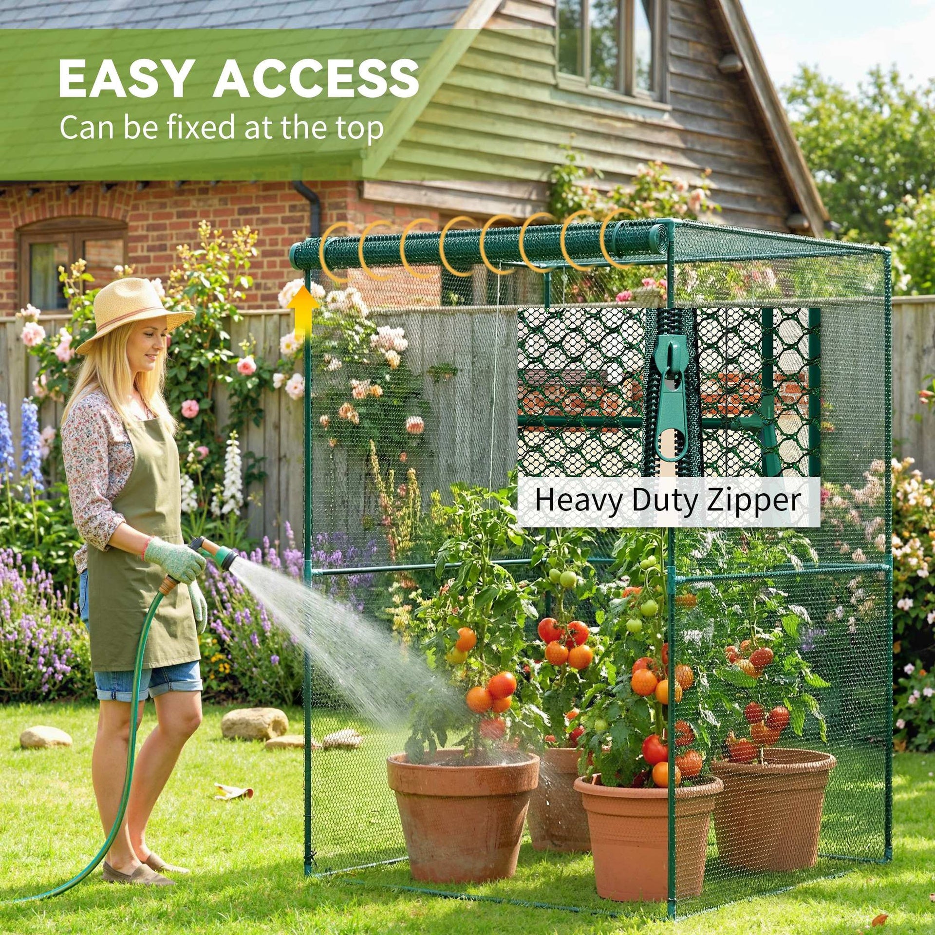 Outsunny Walk-in Crop Cage, Plant Protectors from Animals with Roll Up Zippered Door, 3.9' x 3.9' x 5.9', Dark Green