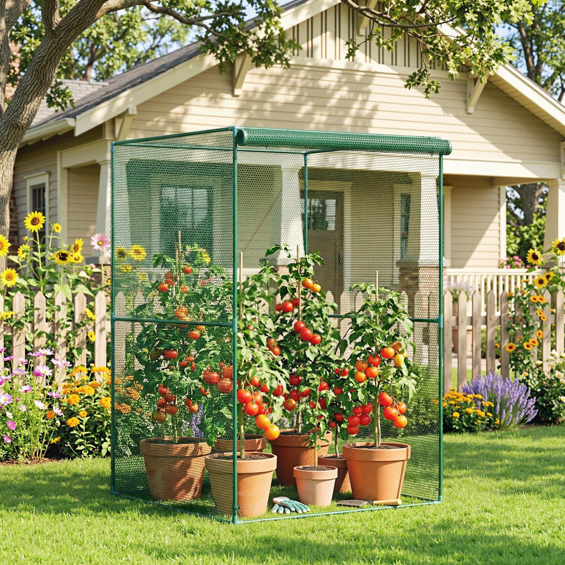 Outsunny Walk-in Crop Cage, Plant Protectors from Animals with Roll Up Zippered Door, 3.9' x 3.9' x 5.9', Dark Green