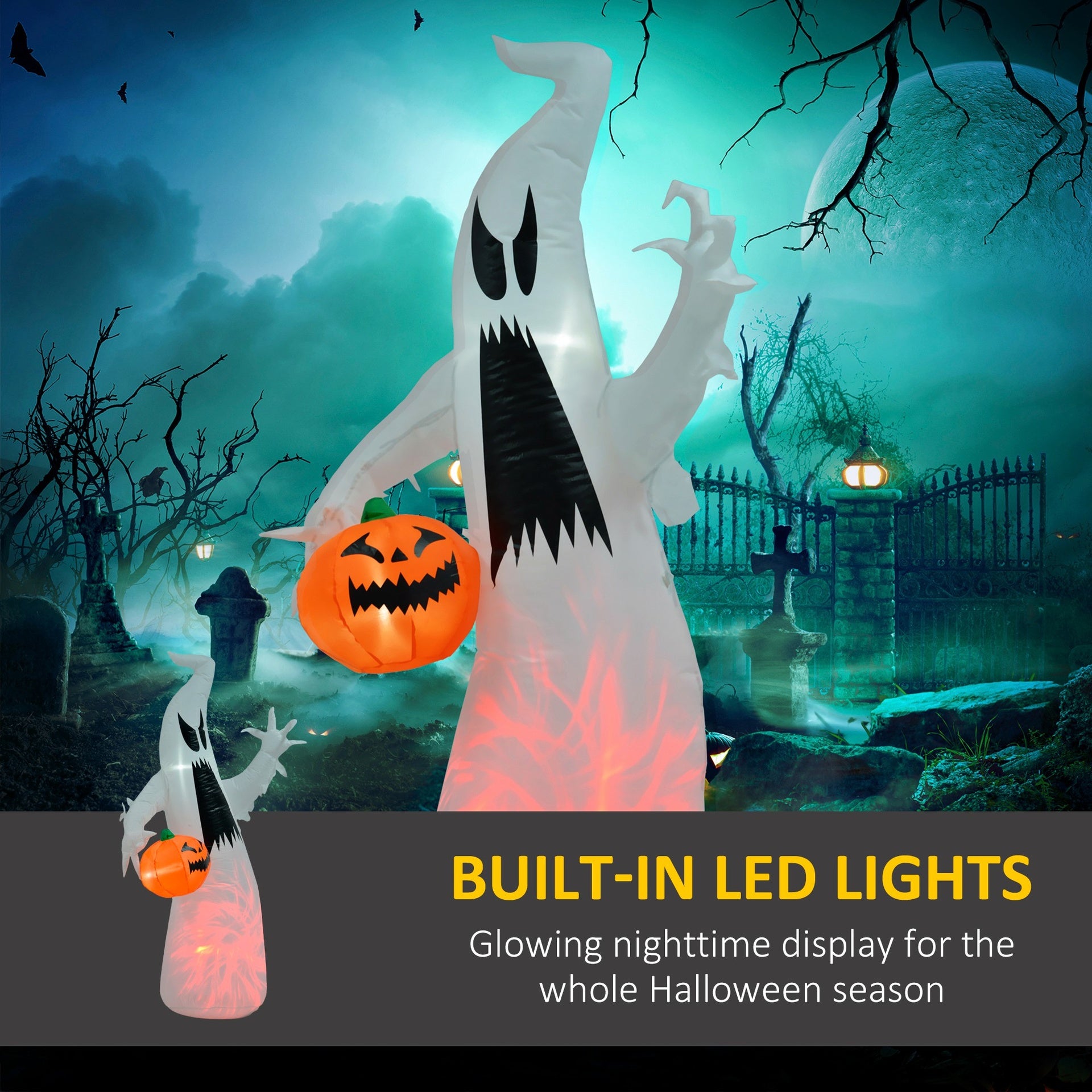 HOMCOM 5.9' Halloween LED Yard Decor Ghost with Pumpkin, Blow Up Inflatable Outdoor Decoration, Waterproof